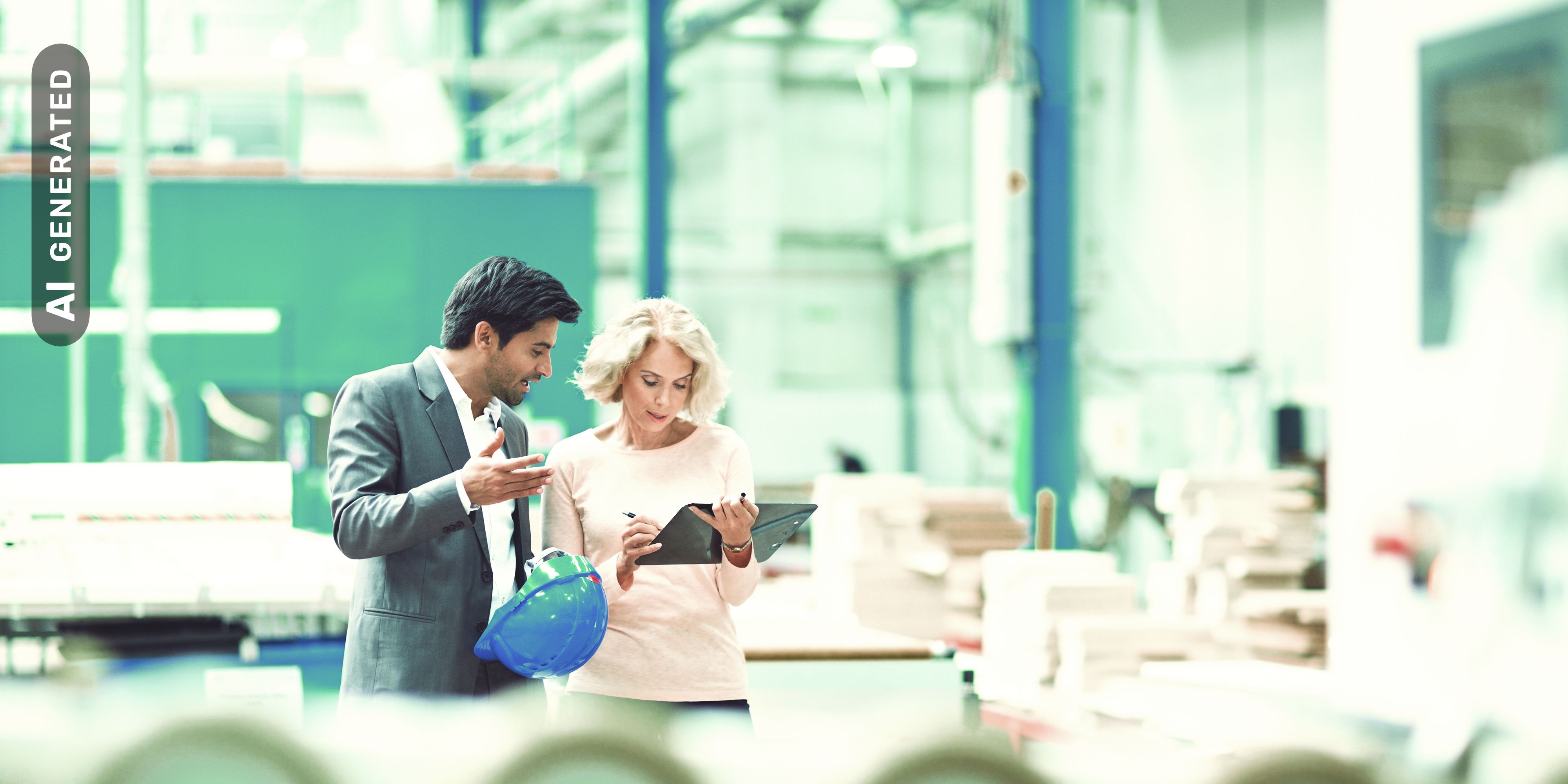 Mann und Frau bei der Produktionsplanung, AI-generated