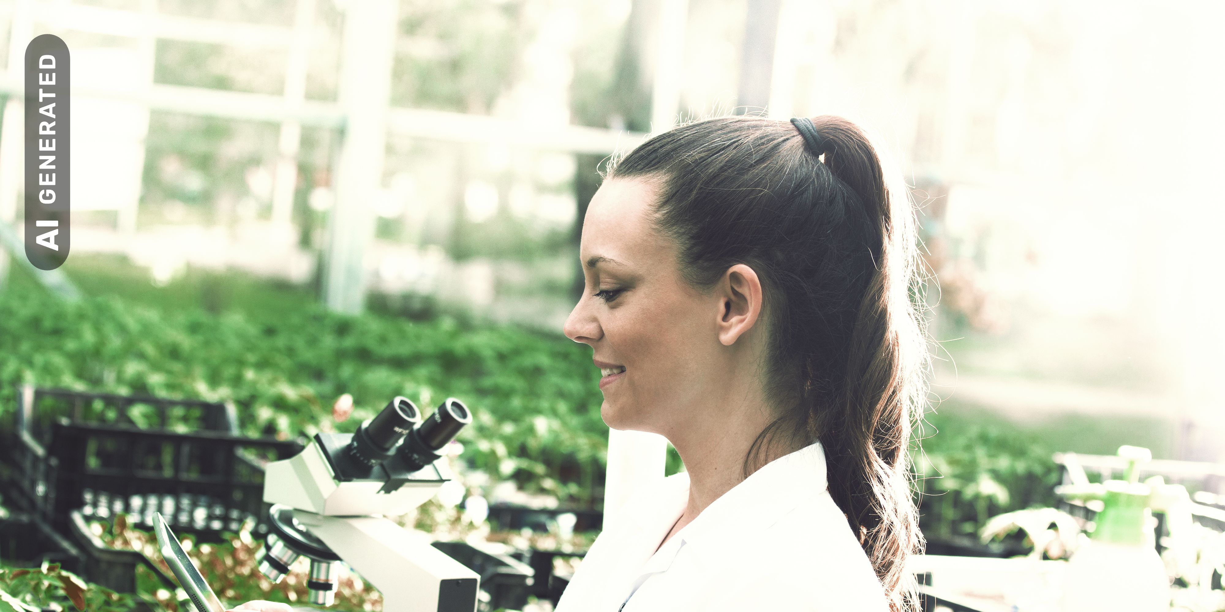Frau analysiert Pflanzen im Labor, AI-generated