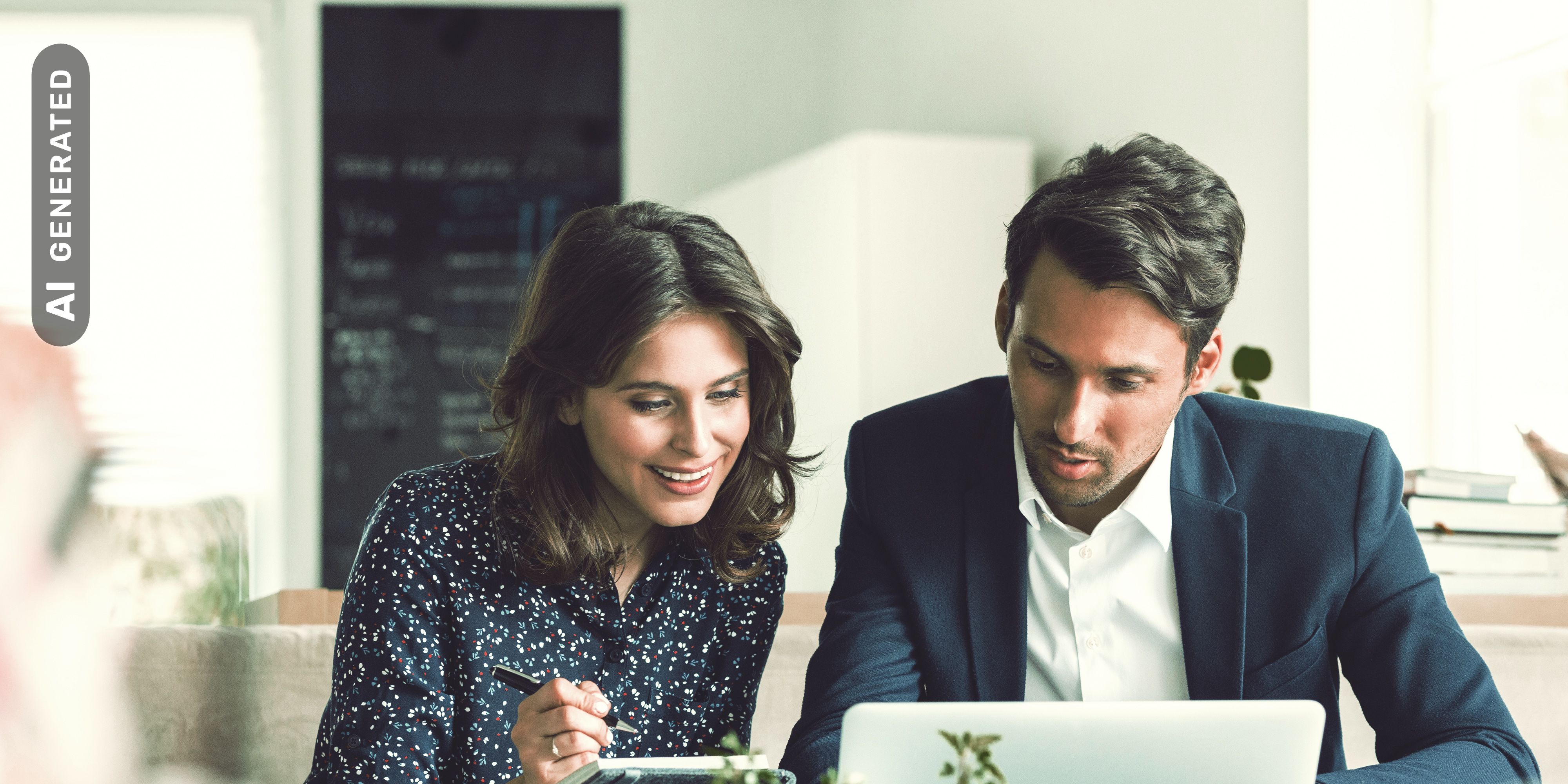 Frau und Mann arbeiten im Café am Laptop, AI-generated