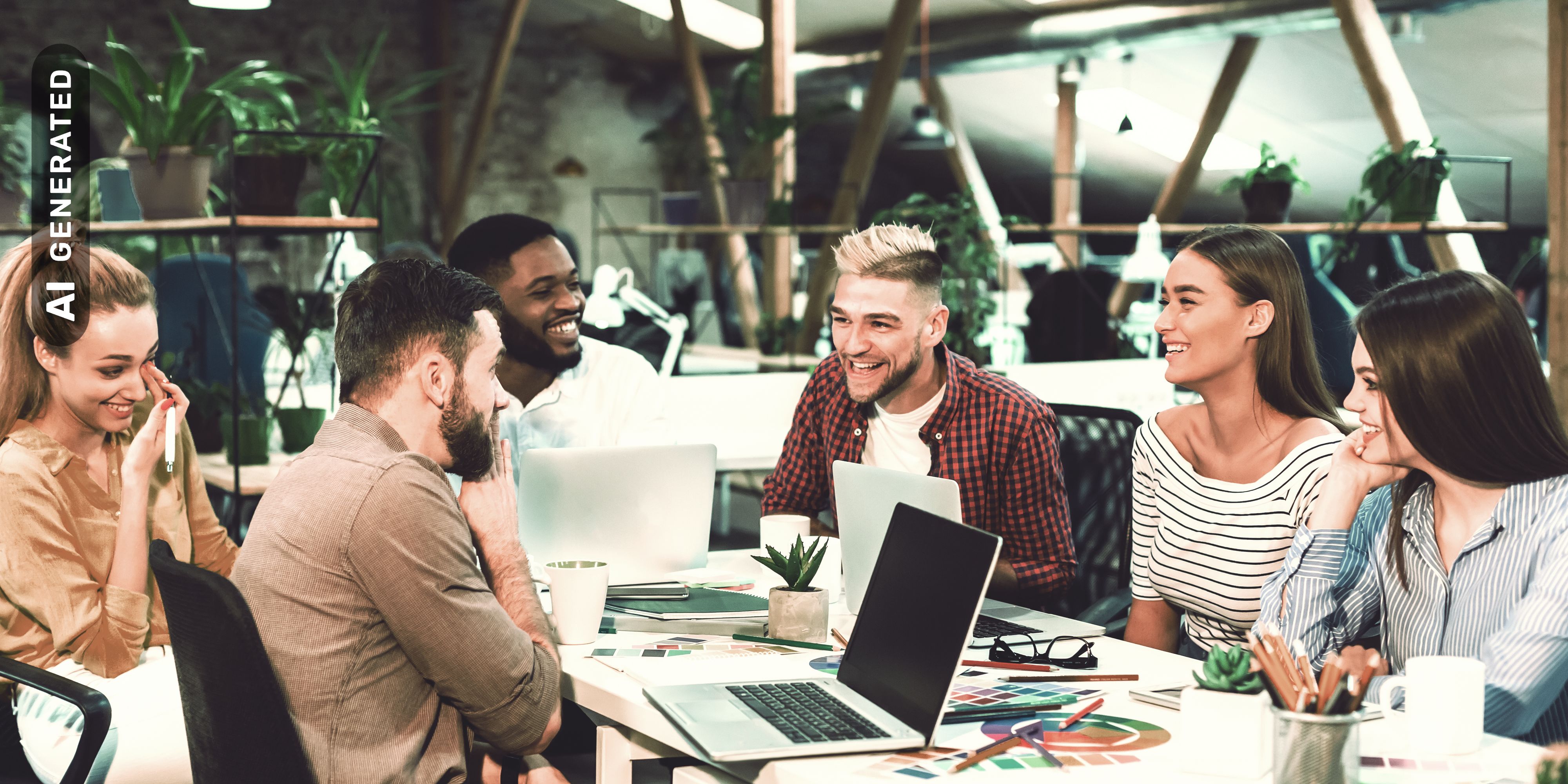 Team diskutiert in modernem Büro, AI-generated