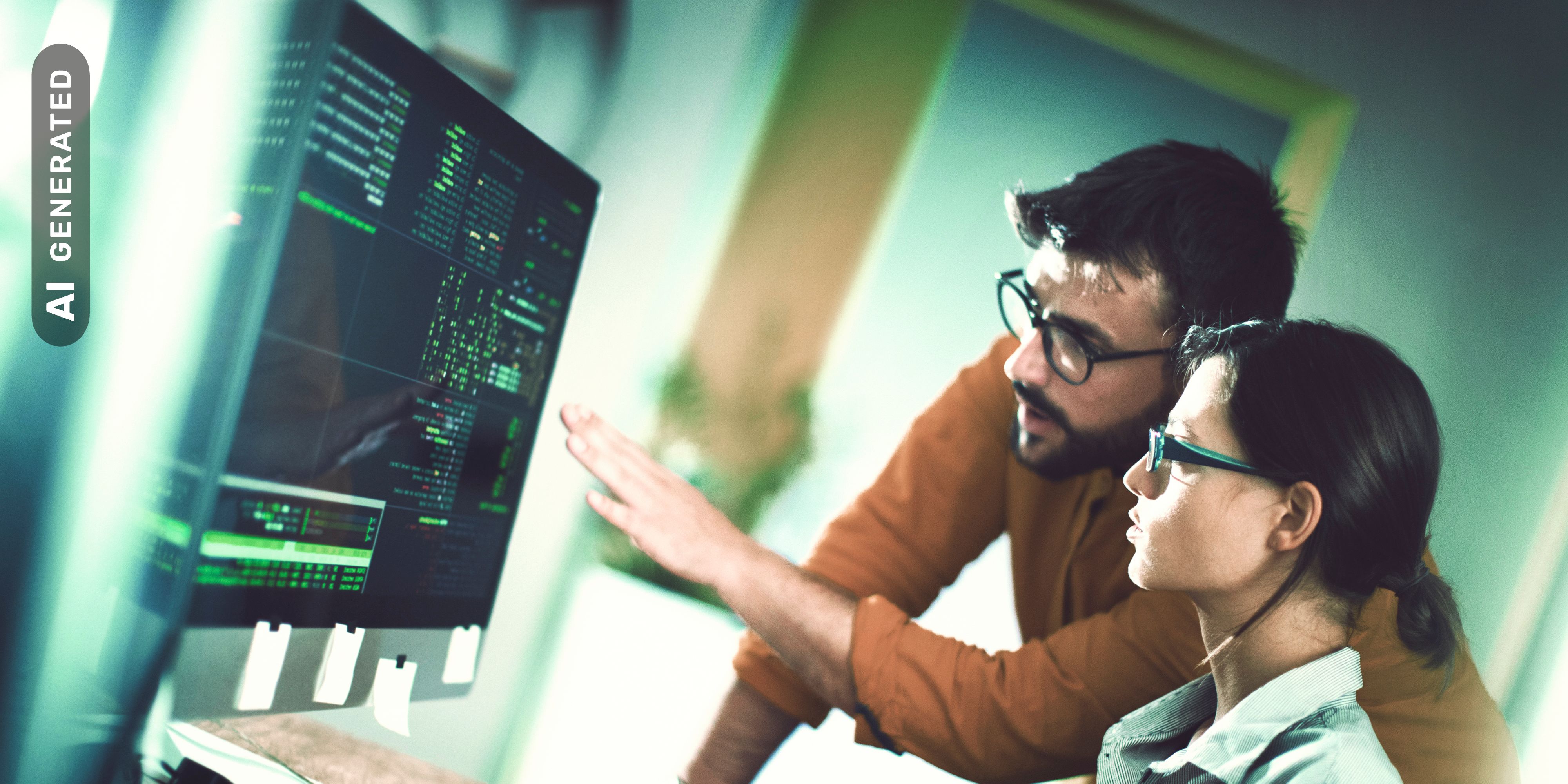 Mann und Frau beim Coding, AI-generated