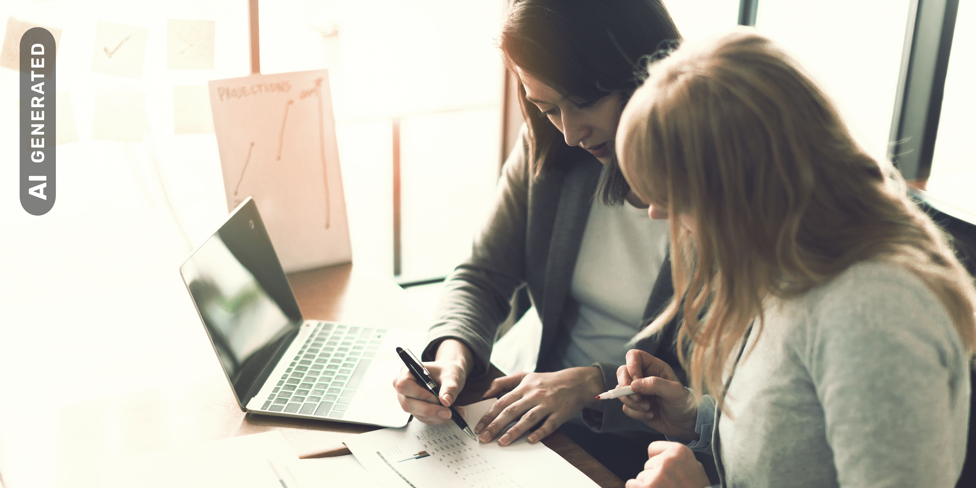 Frauen arbeiten gemeinsam an Laptop, AI-generated