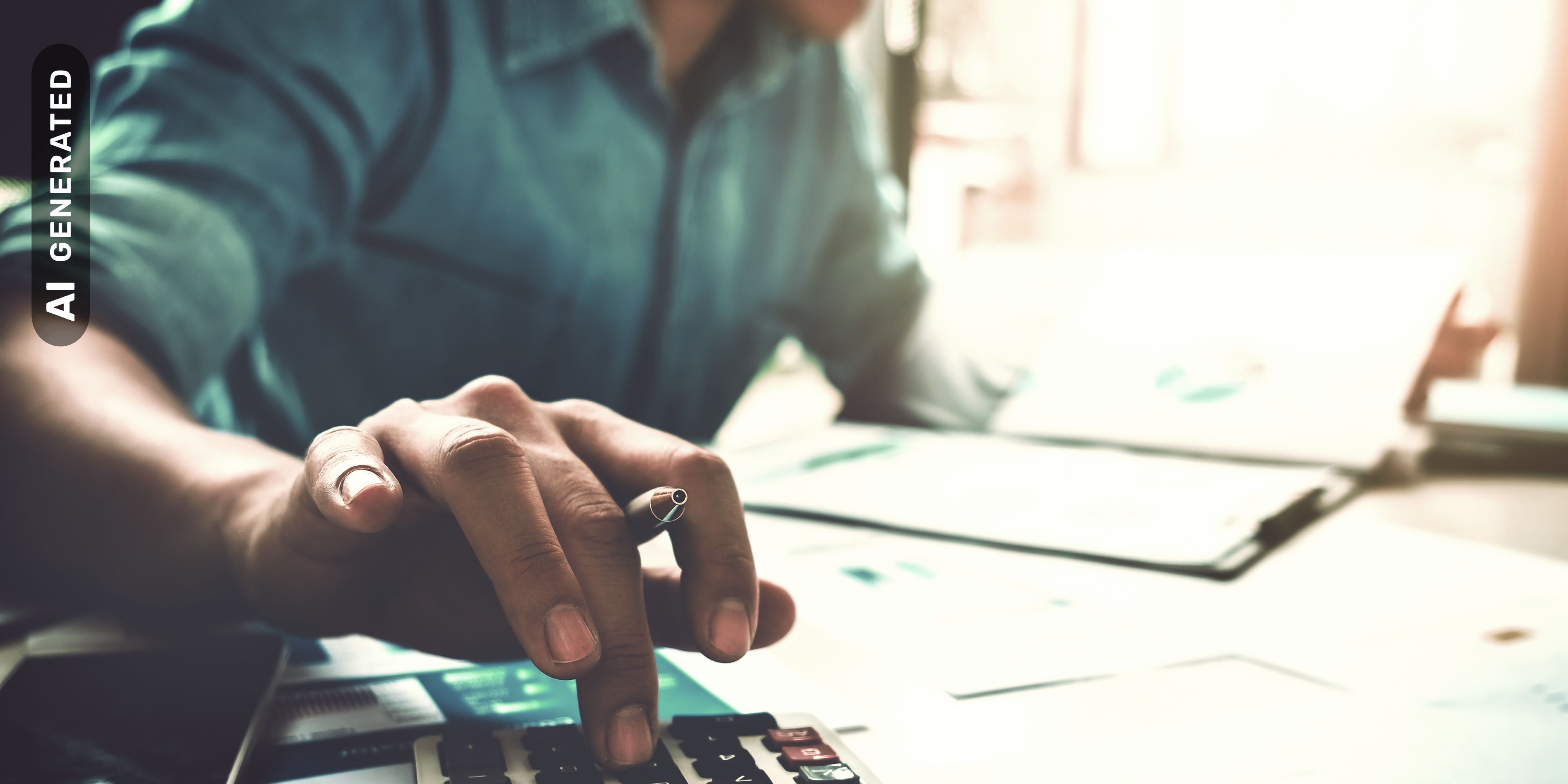Mann arbeitet mit Taschenrechner, AI-generated