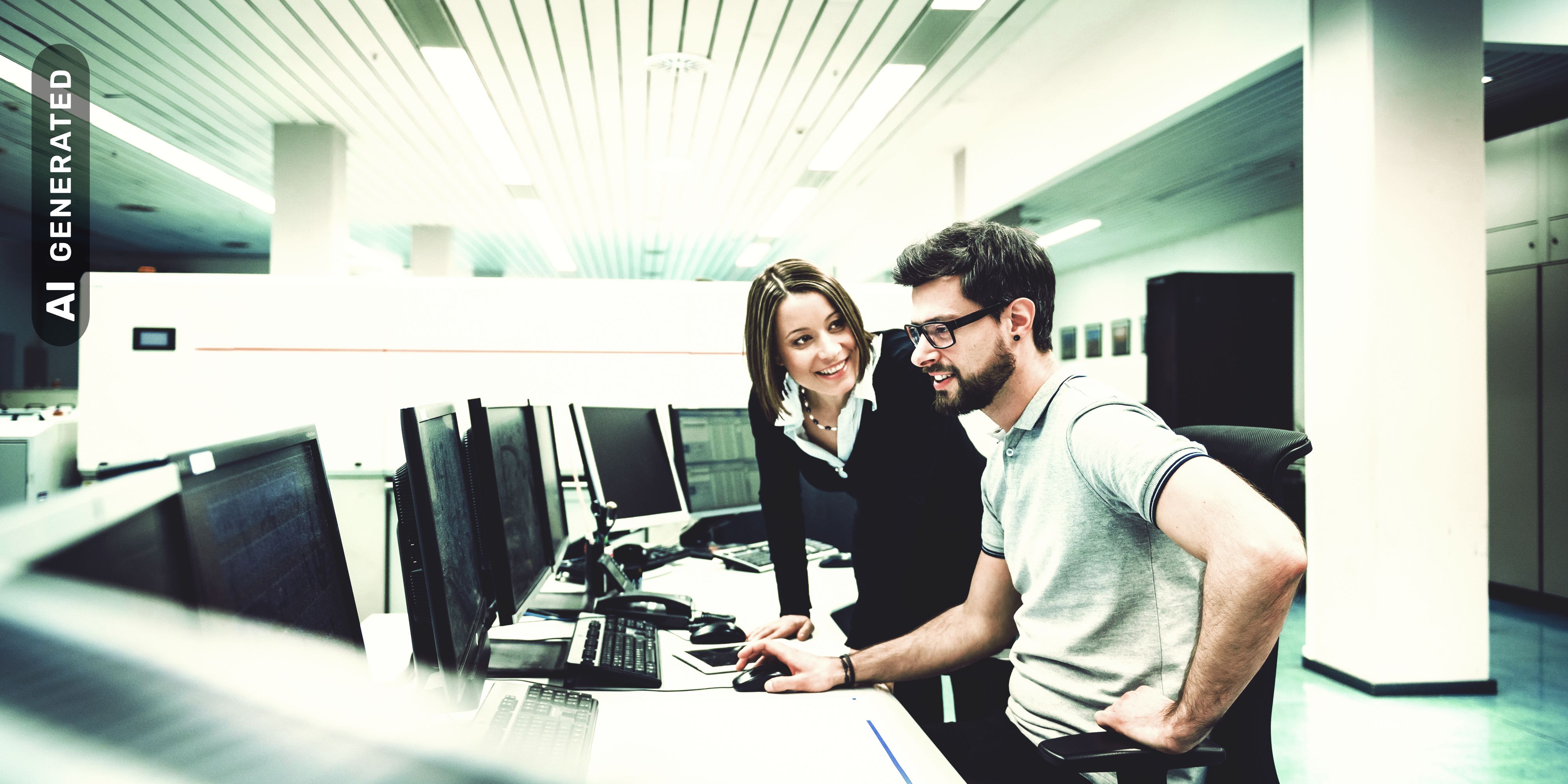 Mann und Frau arbeiten gemeinsam an Desktop, AI-generated