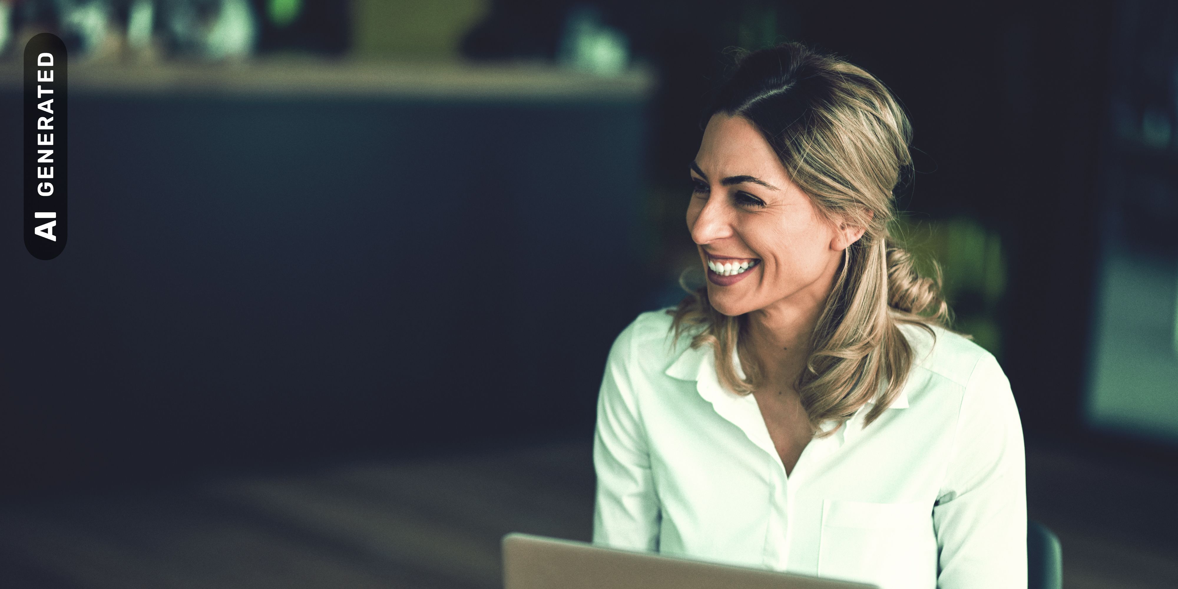 Frau arbeitet an Laptop, AI-generated