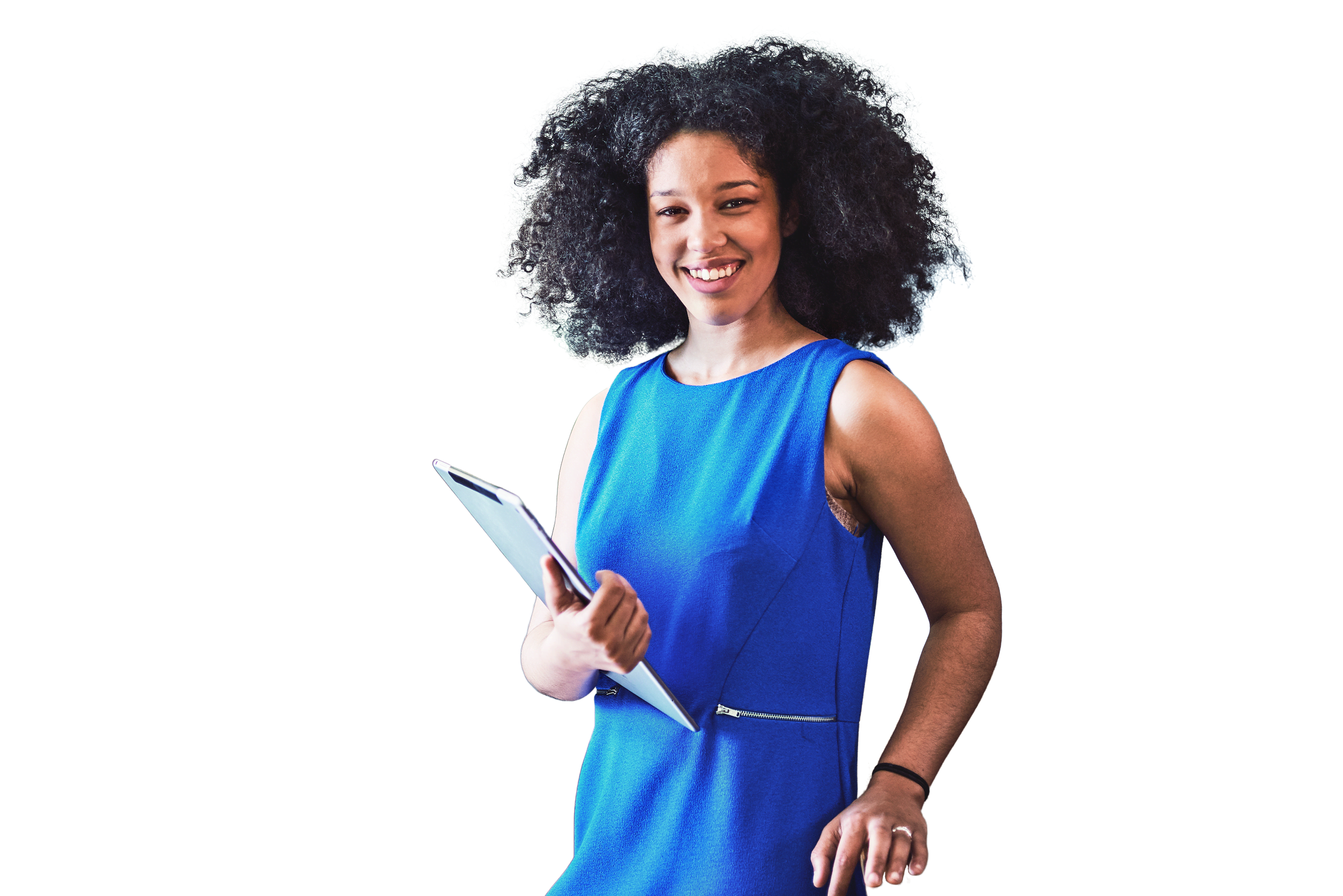 Young mixed race female holding tablet computer looking to camera in modern sustainable office space