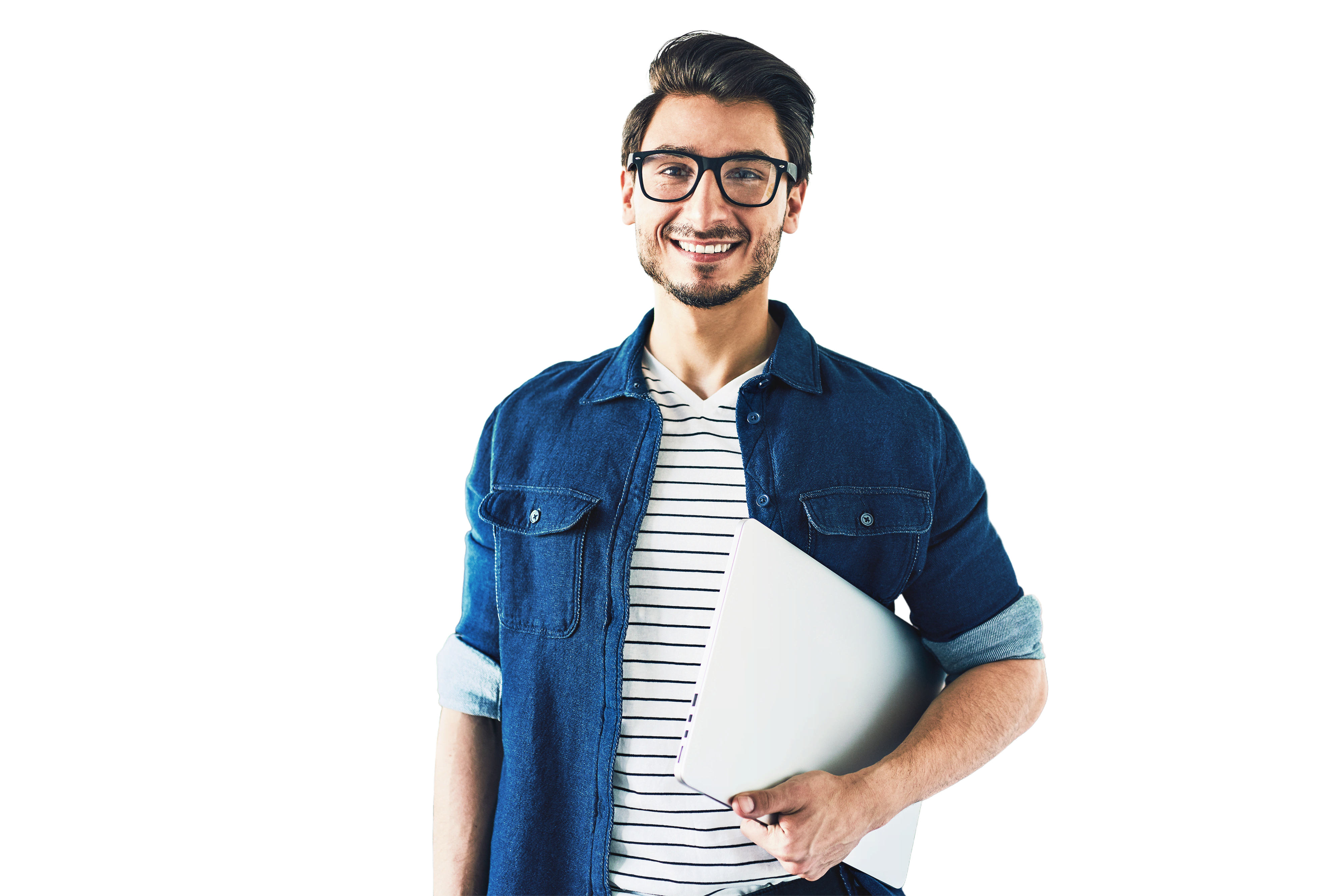 Glücklicher junger Mann, Web-Designer stehend mit Laptop