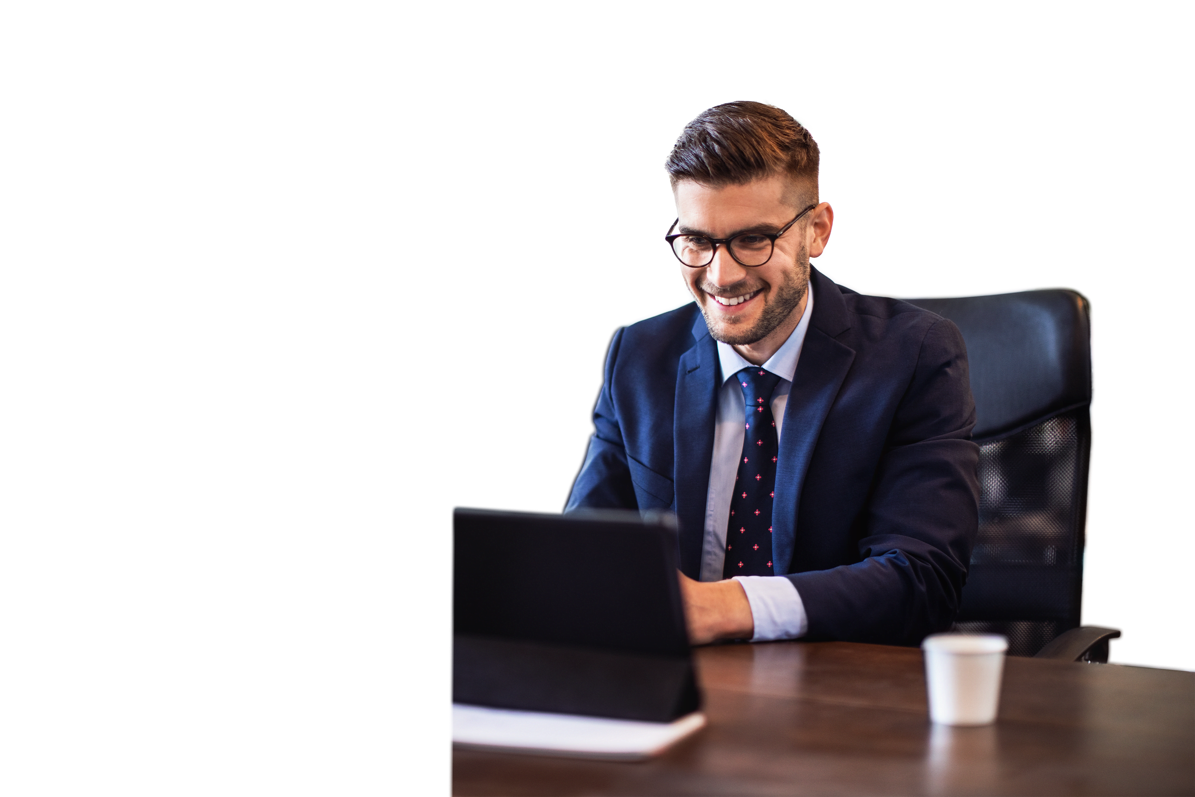 Businessman having online briefing with team at office