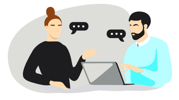 Illustration für Praxispartner finden duales Studium: Zwei Personen unterhalten sich in Bewerbungskontext