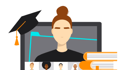 Illustration für Infoseite: "duales Studium Virtueller Campus": virtuelles Meeting am Laptop mit Büchern