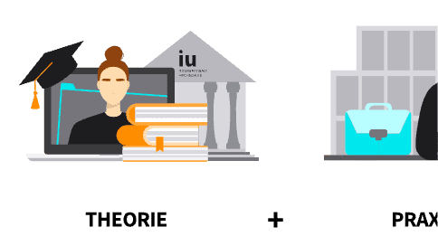 Illustration für Infoseite: "Bachelor": Mädchen mit Laptop und Büchern als Symbol für Theorie und Mädchen mit Aktentasche und Berügebäude als Symbol für Praxis