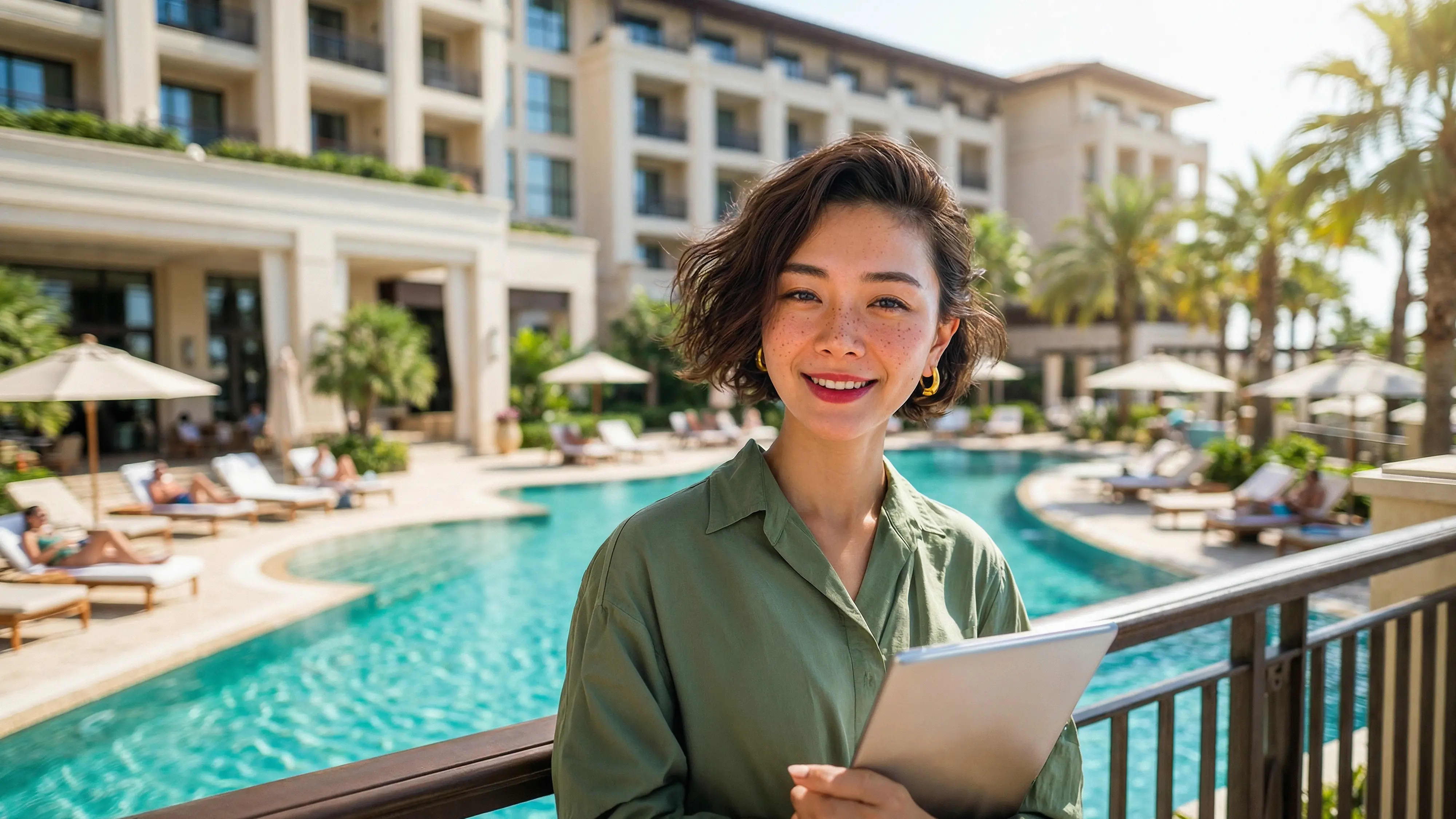 Bachelor Tourismusmanagement: Frau mit Laptop im Arm vorm Pool stehend, AI-generated