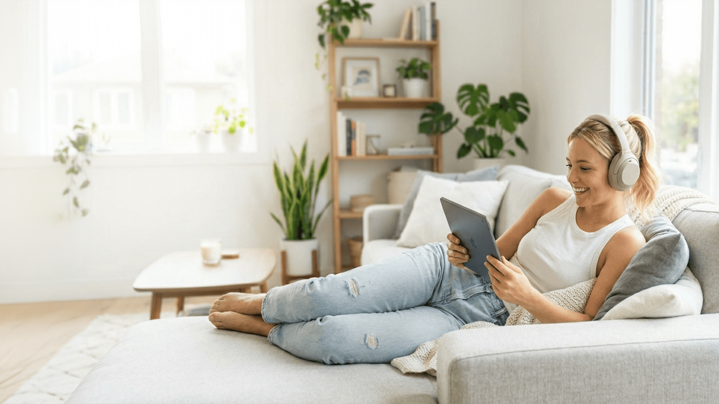Junge Frau mit Kopfhörern nutzt entspannt ein Tablet auf dem Sofa und studiert flexibel von zuhause im IU Fernstudium.