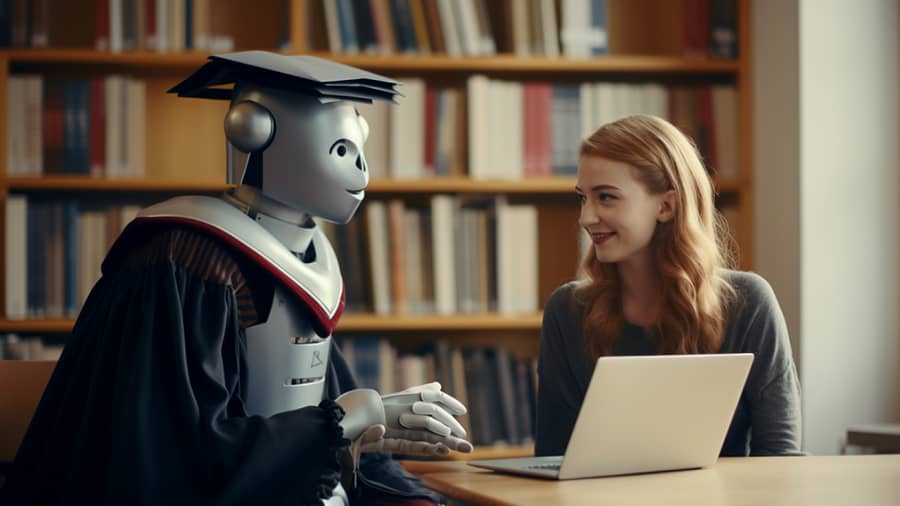 Student talking with a robot that is waering a graduation attire