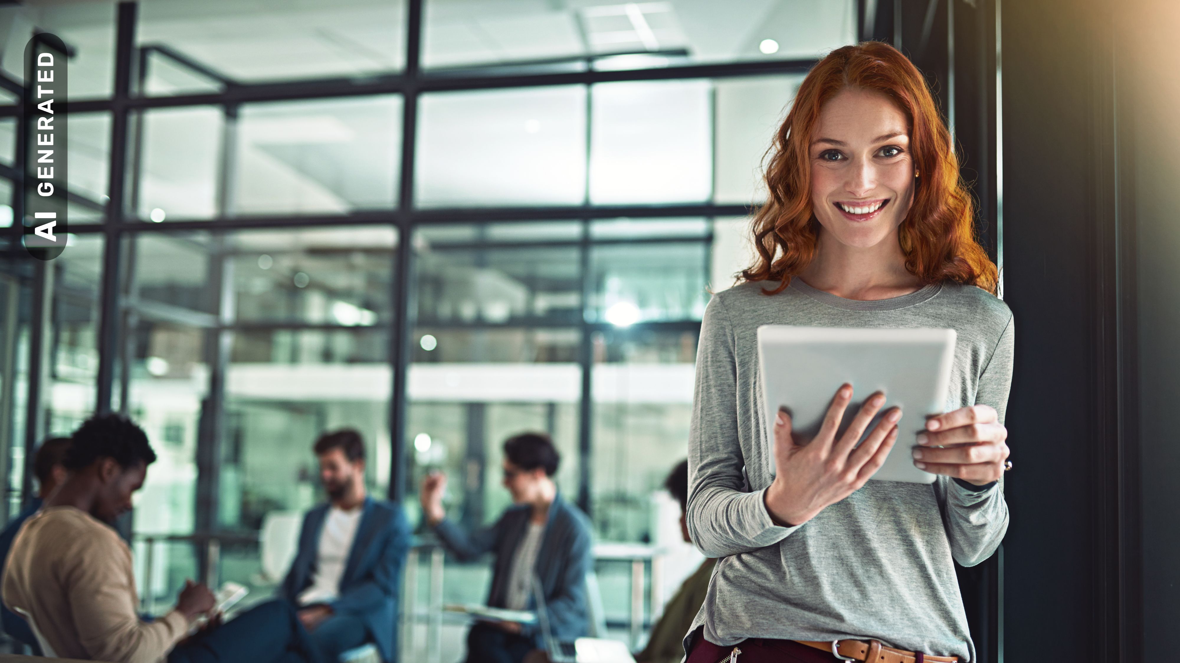 Titelbild für Infoseite “Bachelor Business Administration”: Studentin mit Tablet im Besprechungsraum, AI-generated