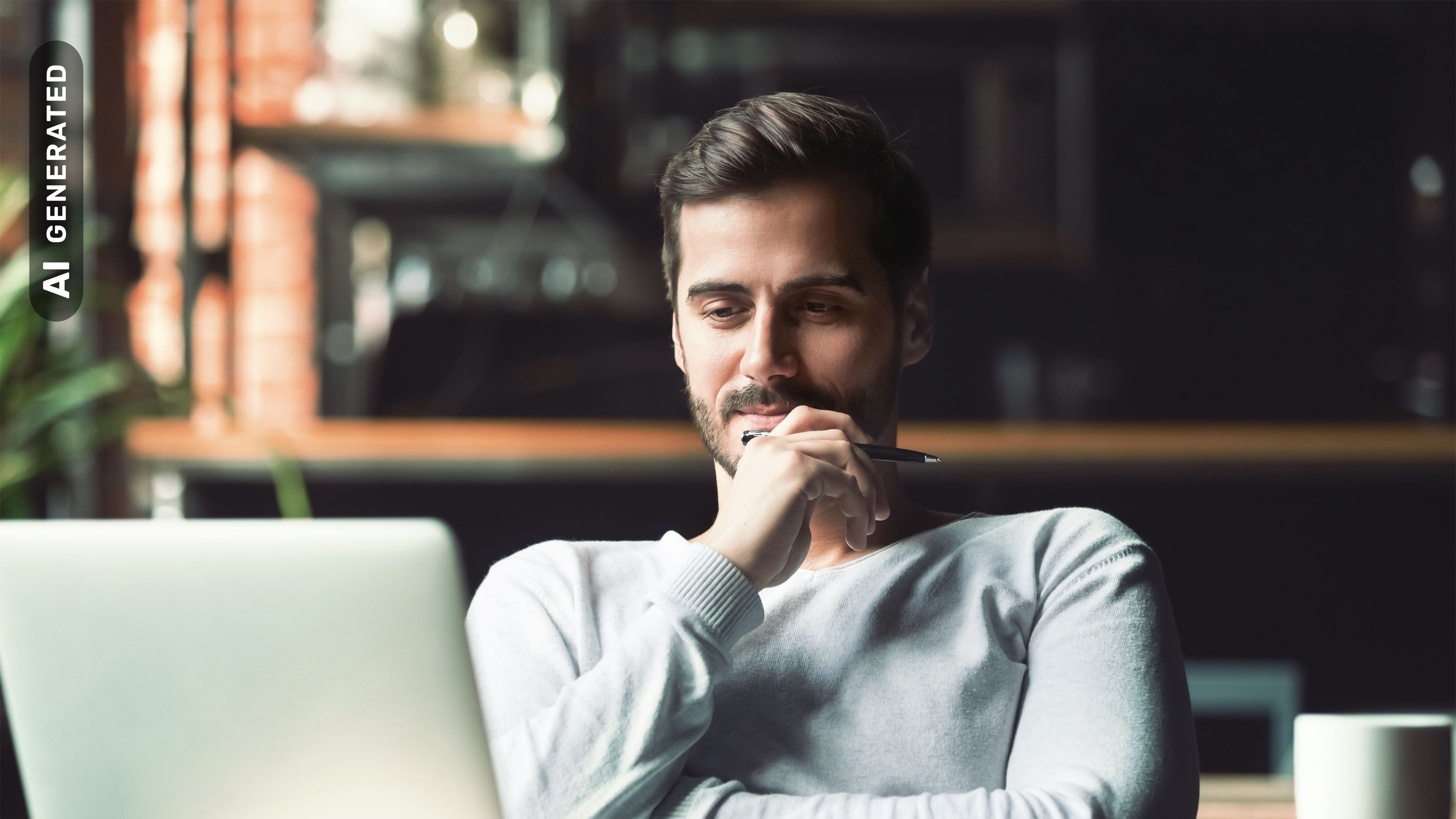 Titelbild für Infoseite “Bachelor Digital Business”: Student arbeitet am Laptop, AI-generated