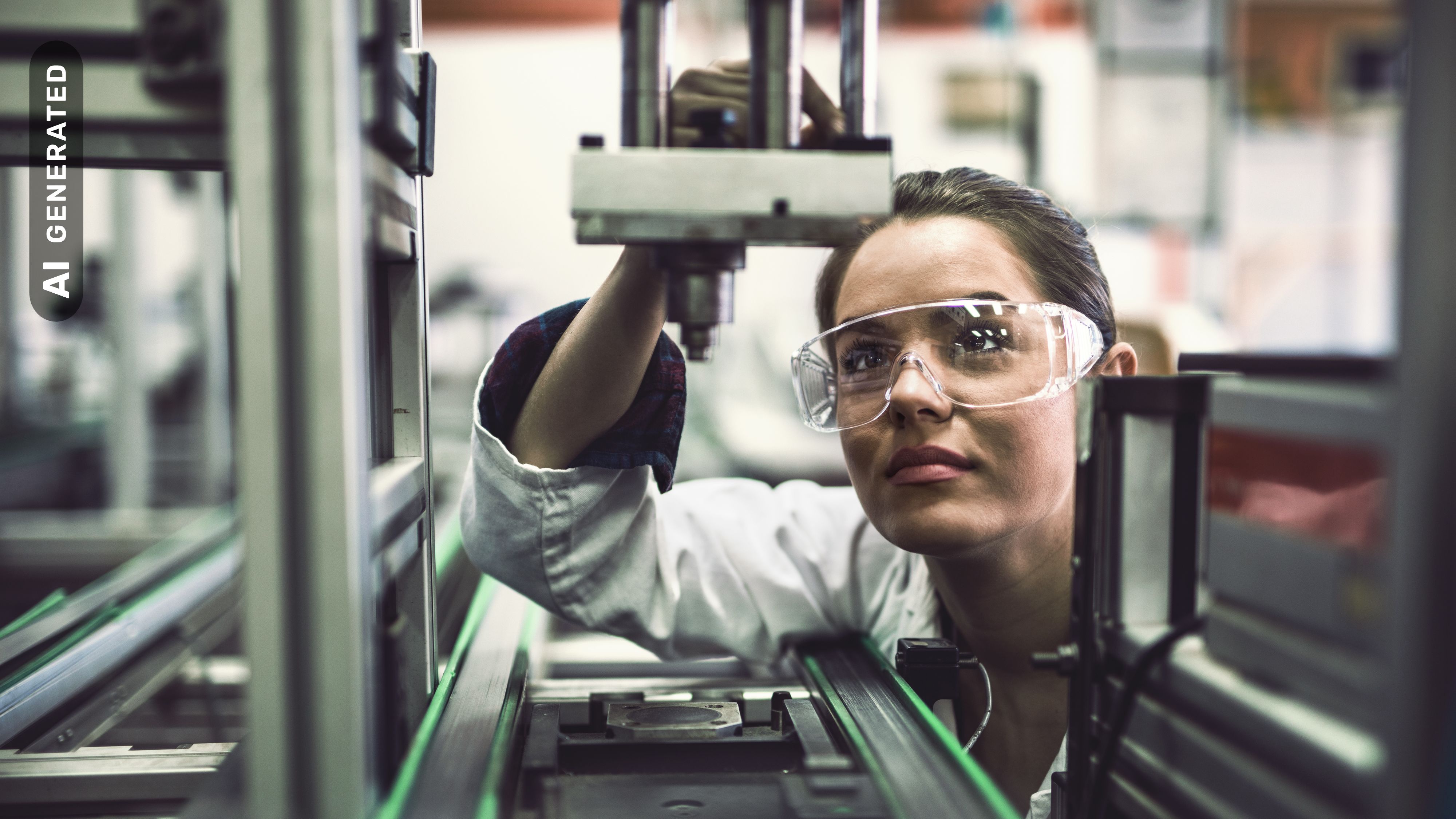 Titelbild für Infoseite “Bachelor Elektrotechnik”: Frau arbeitet an einer Maschine, AI-generated