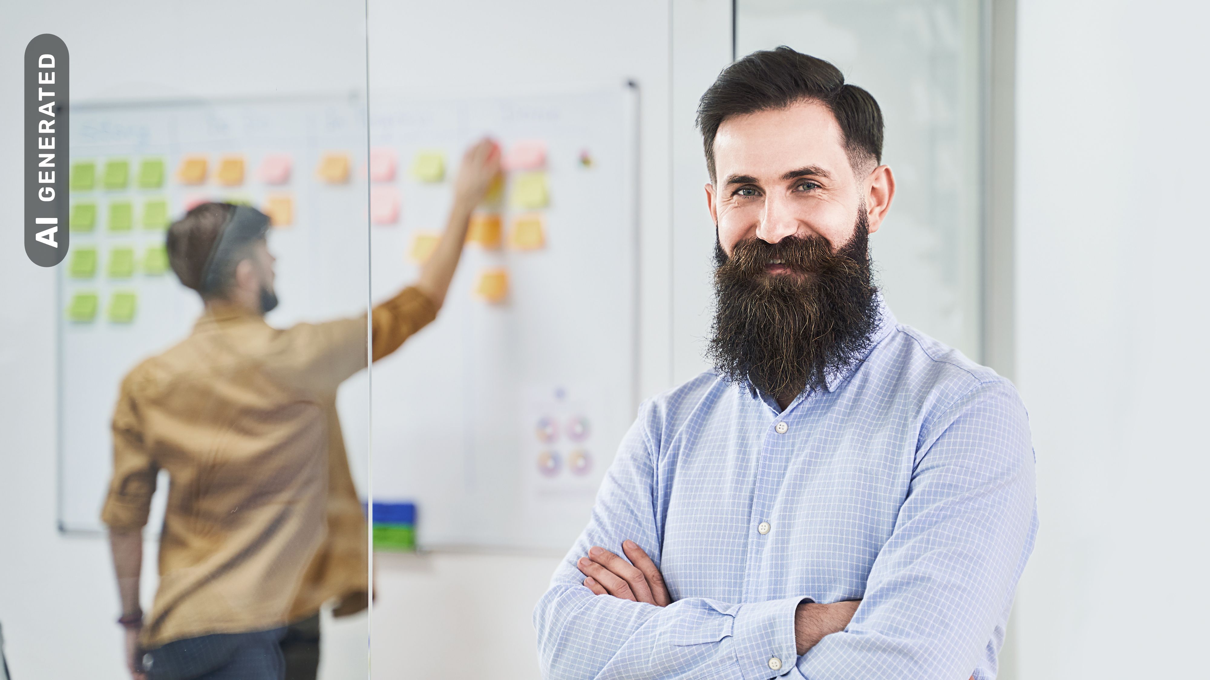Titelbild zur Infoseite "Master Personalentwicklung": Mann mit Bart im Büro, AI-generated