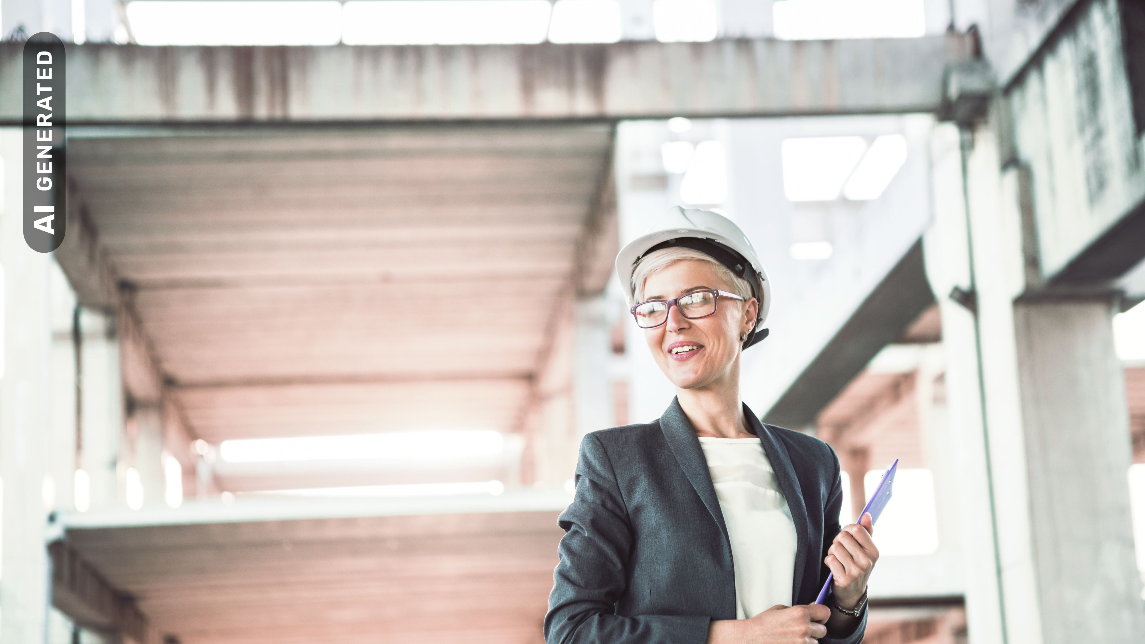 Titelbild für Infoseite “Master Engineering Management": Projektleiterin mit Klemmbrett und Helm auf Baustelle, AI-generated