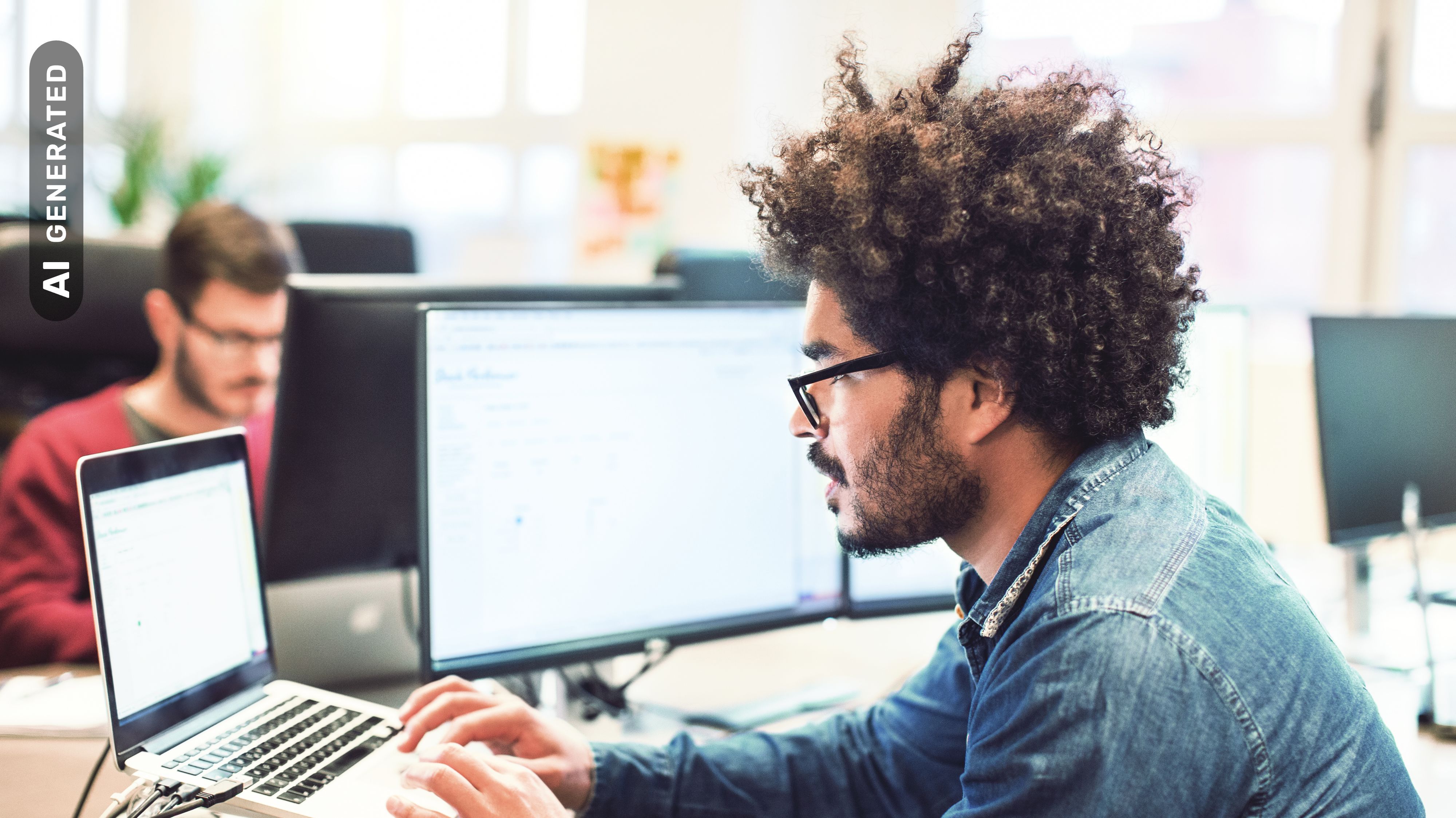 Titelbild für Infoseite “Master Data Science”: Data Scientist arbeitet am Schreibtisch, AI-generated