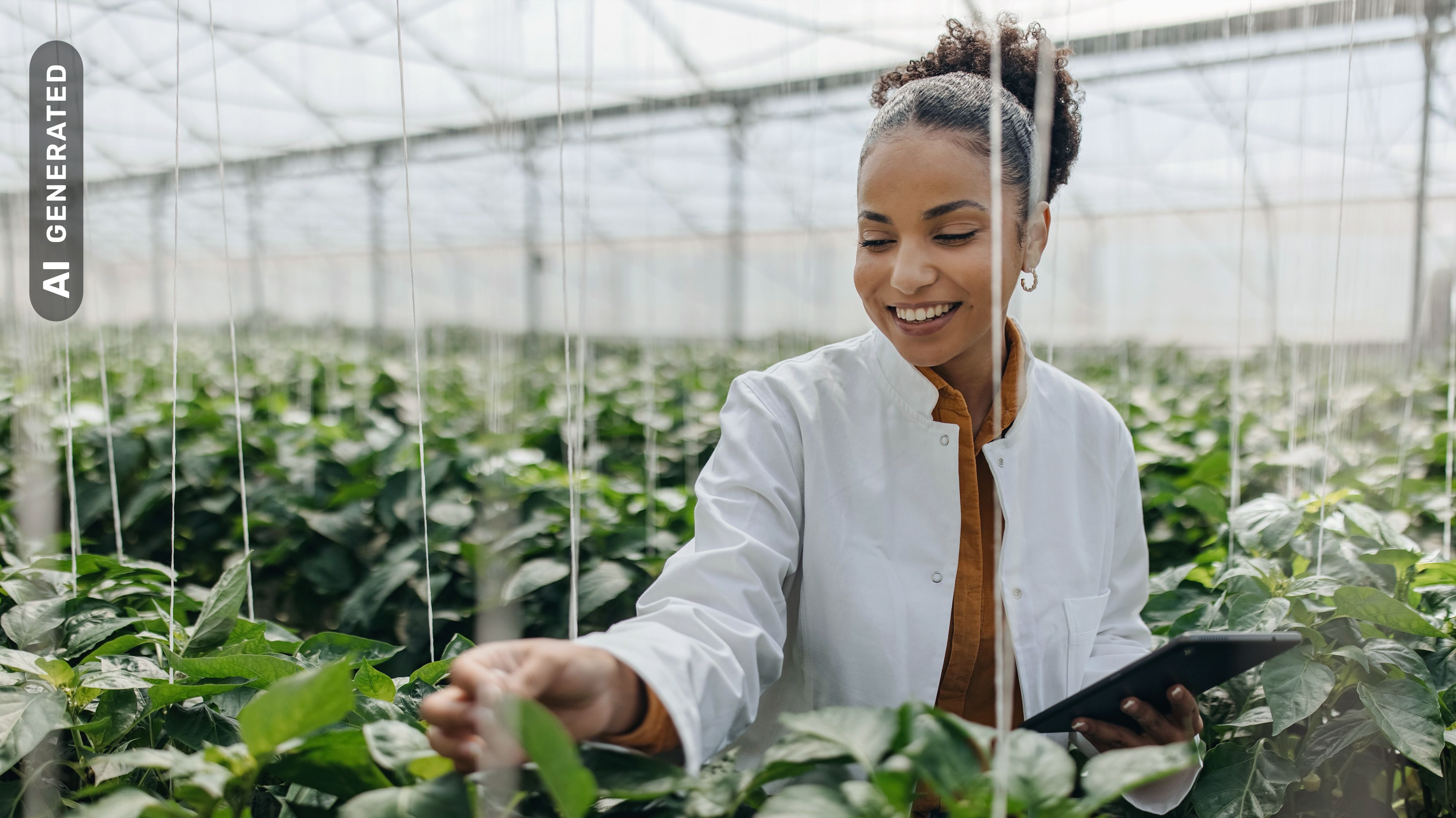Titelbild für Infoseite “Bachelor Ernährungswissenschaften”: Frau begutachtet Pflanzen in einem Gewächshaus, AI-generated