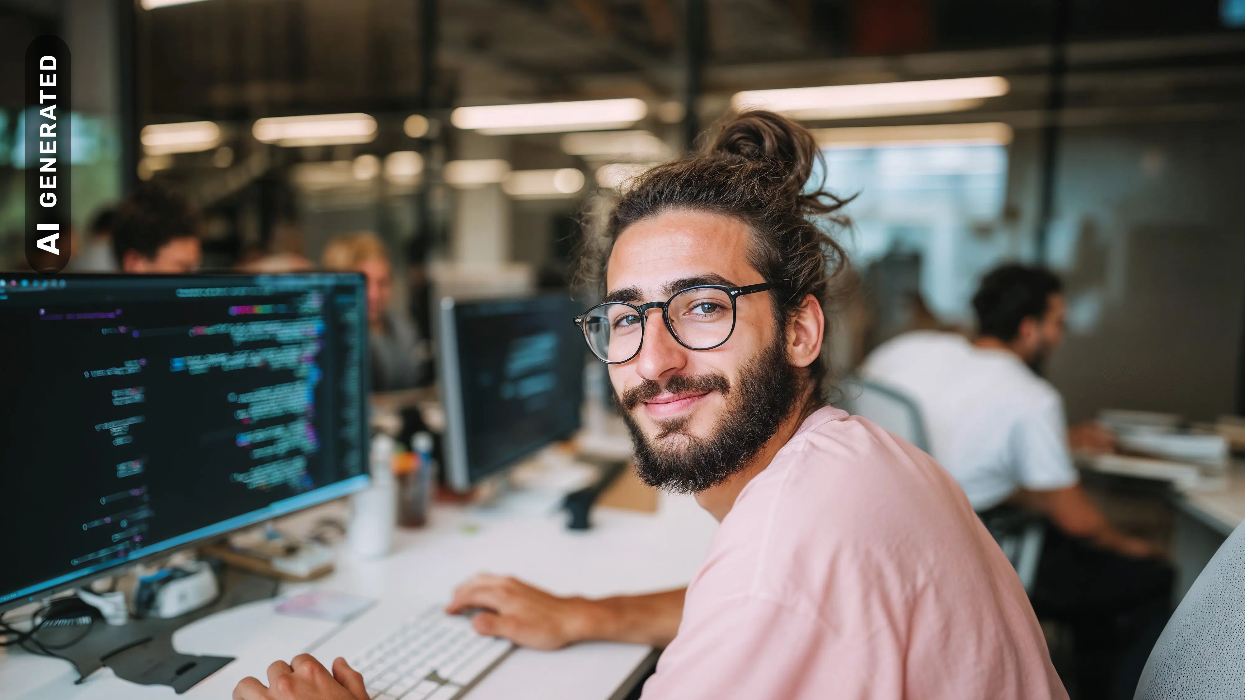 Bachelor Informatik: Mann sitz am PC in Büro, AI-generated