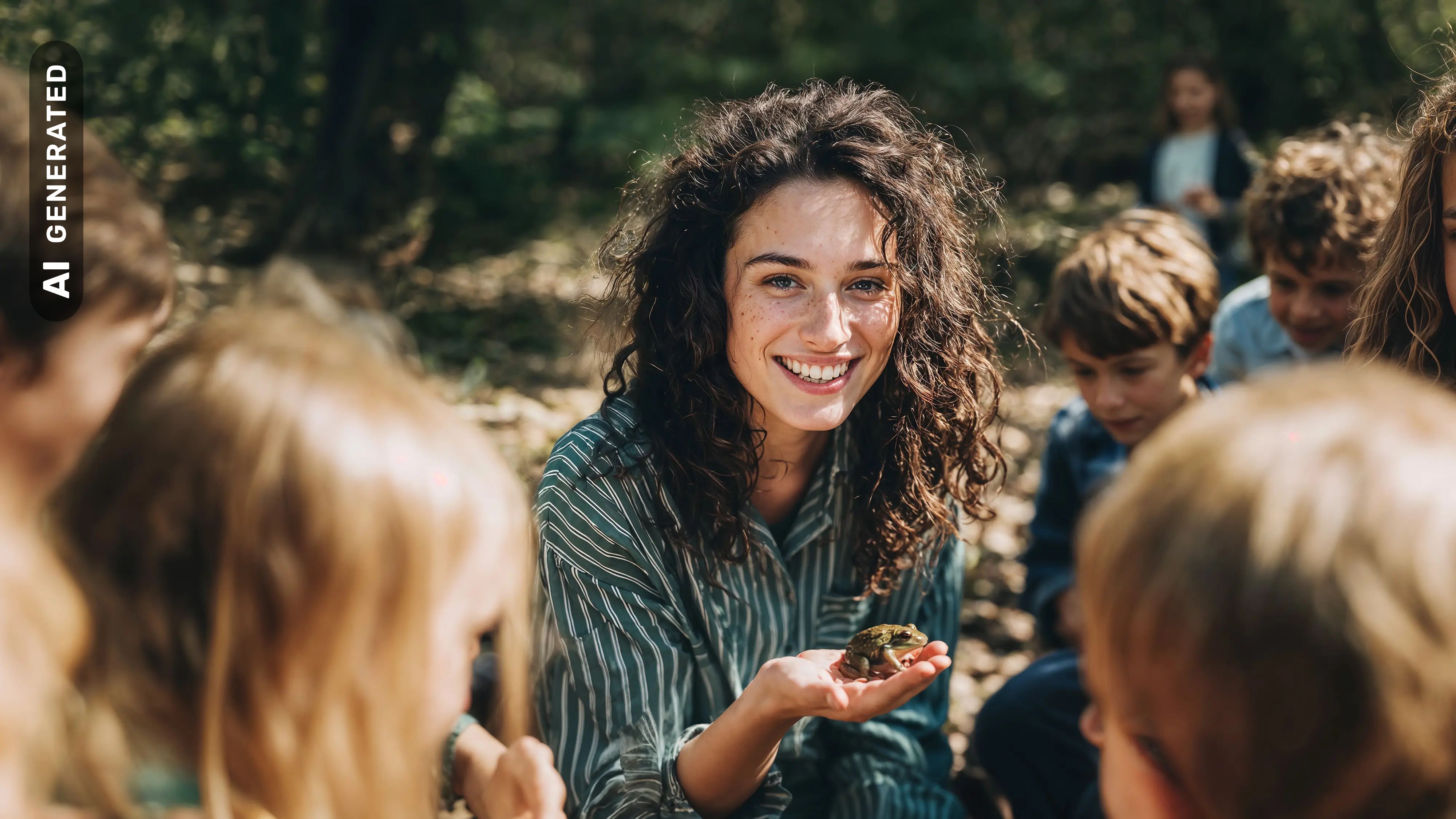 Bachelor Kindheitspädagogik: Frau mit Gruppe von Kindern im Garten mit kleinem Frosch in der Hand, AI-generated