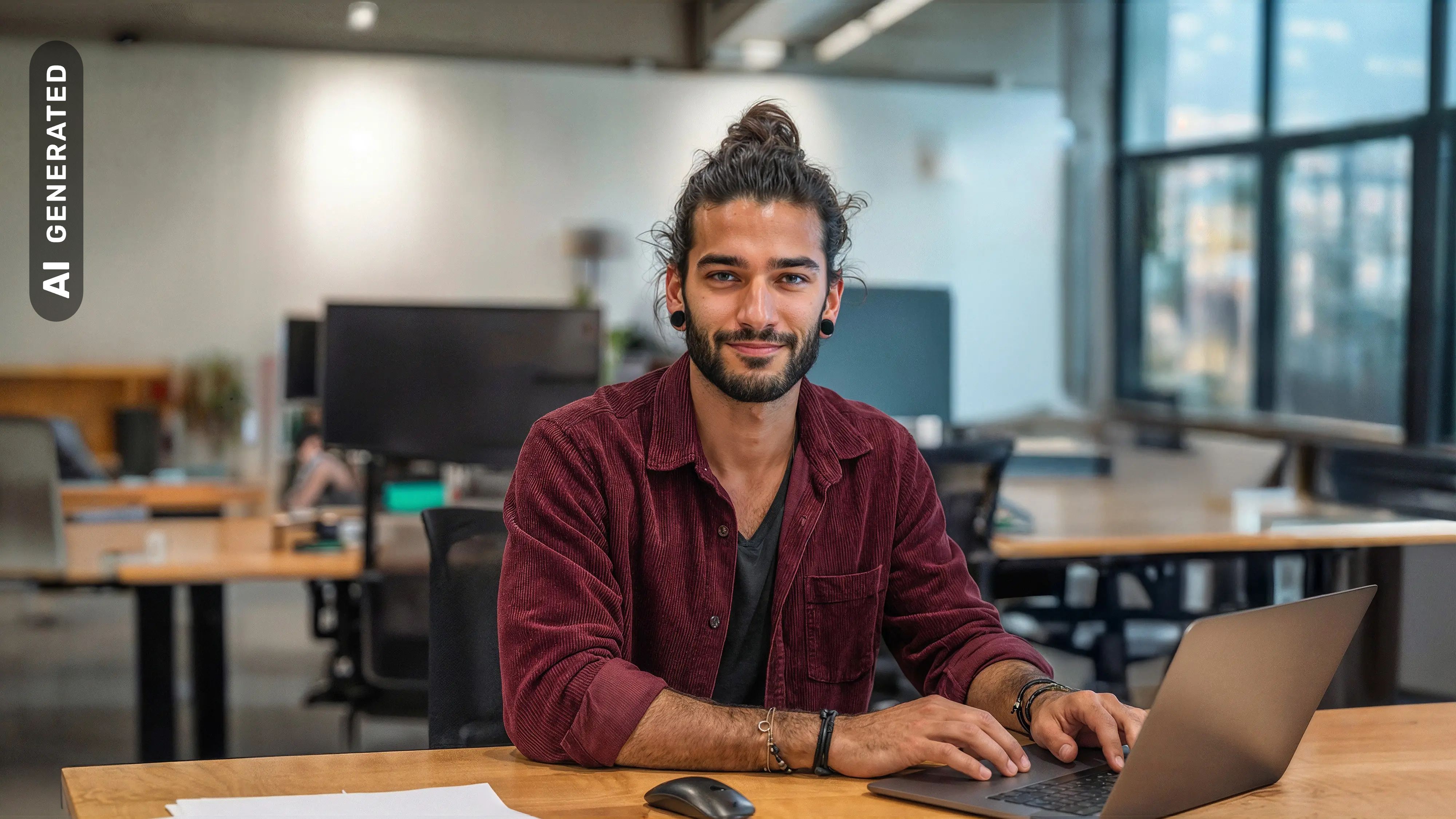 Bachelor Marketing: Mann sitze am Laptop in grossem Büro, AI-generated