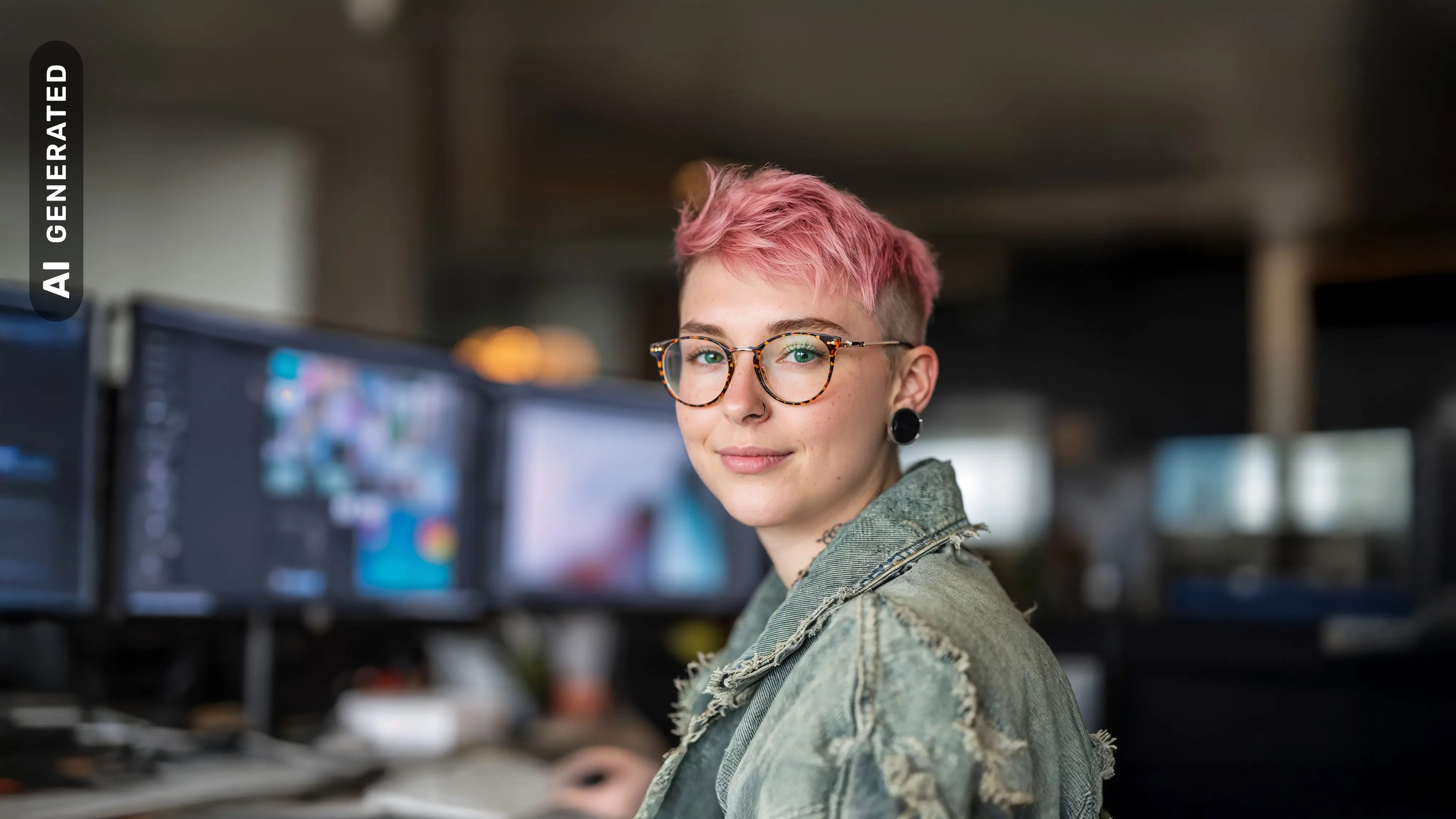Bachelor Mediendesign: Frau sitzt am Schreibtisch mit 2 Monitoren, AI-generated