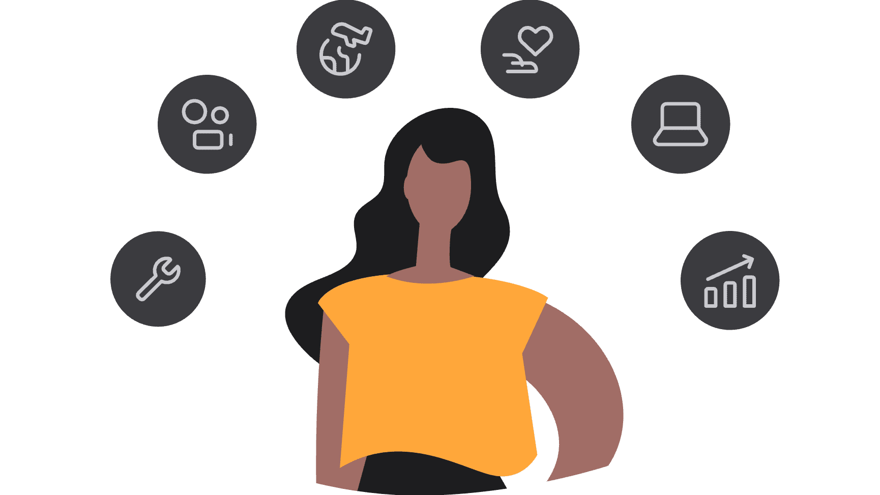 Illustration für Infoseite: "duales Studium Studienfinder": Mädchen mit Berufen als Symbol dargestellt