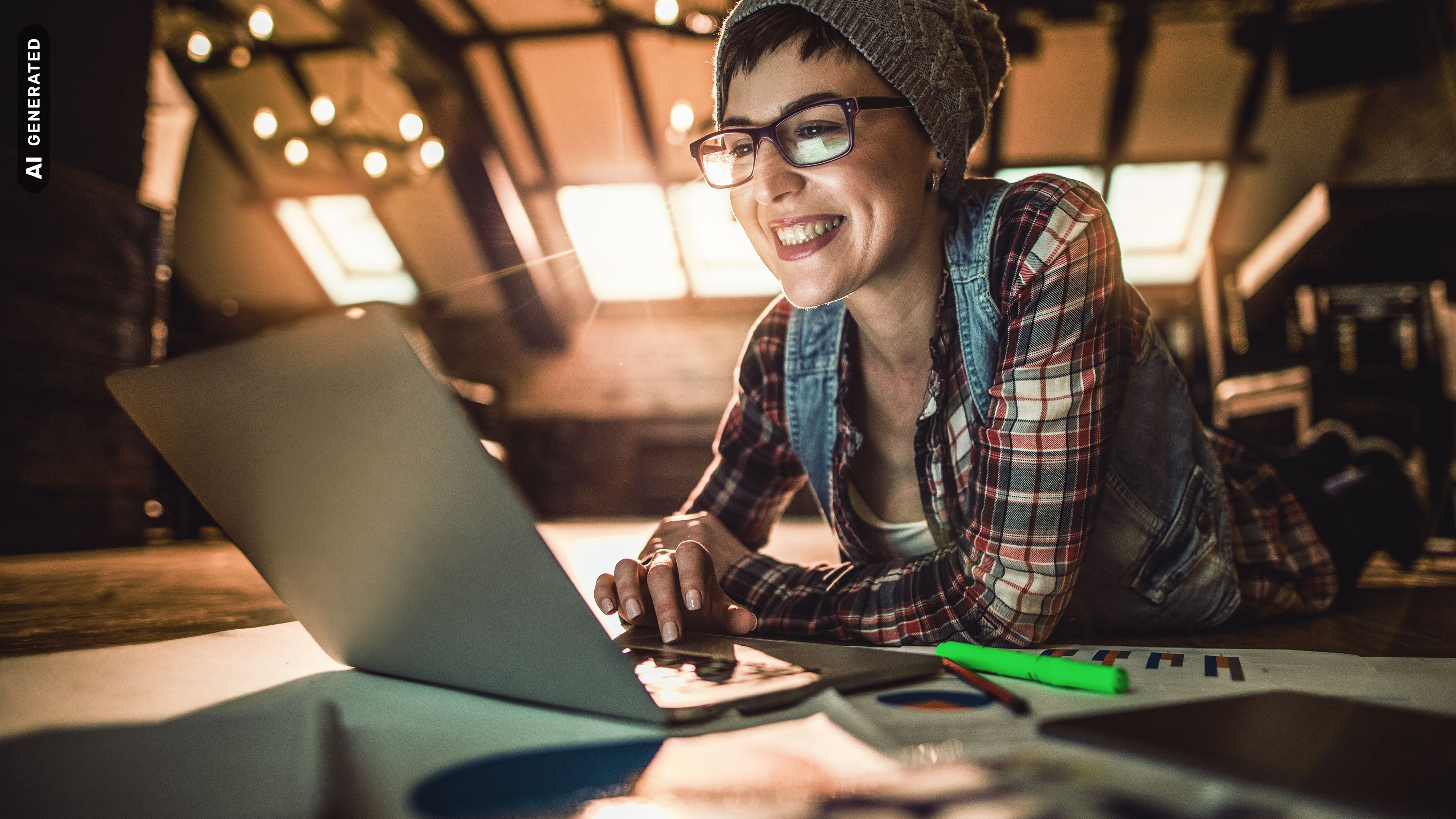 Bachelorstudiengänge im Bereich Design und Medien: Designerin arbeitet am Laptop, AI-generated