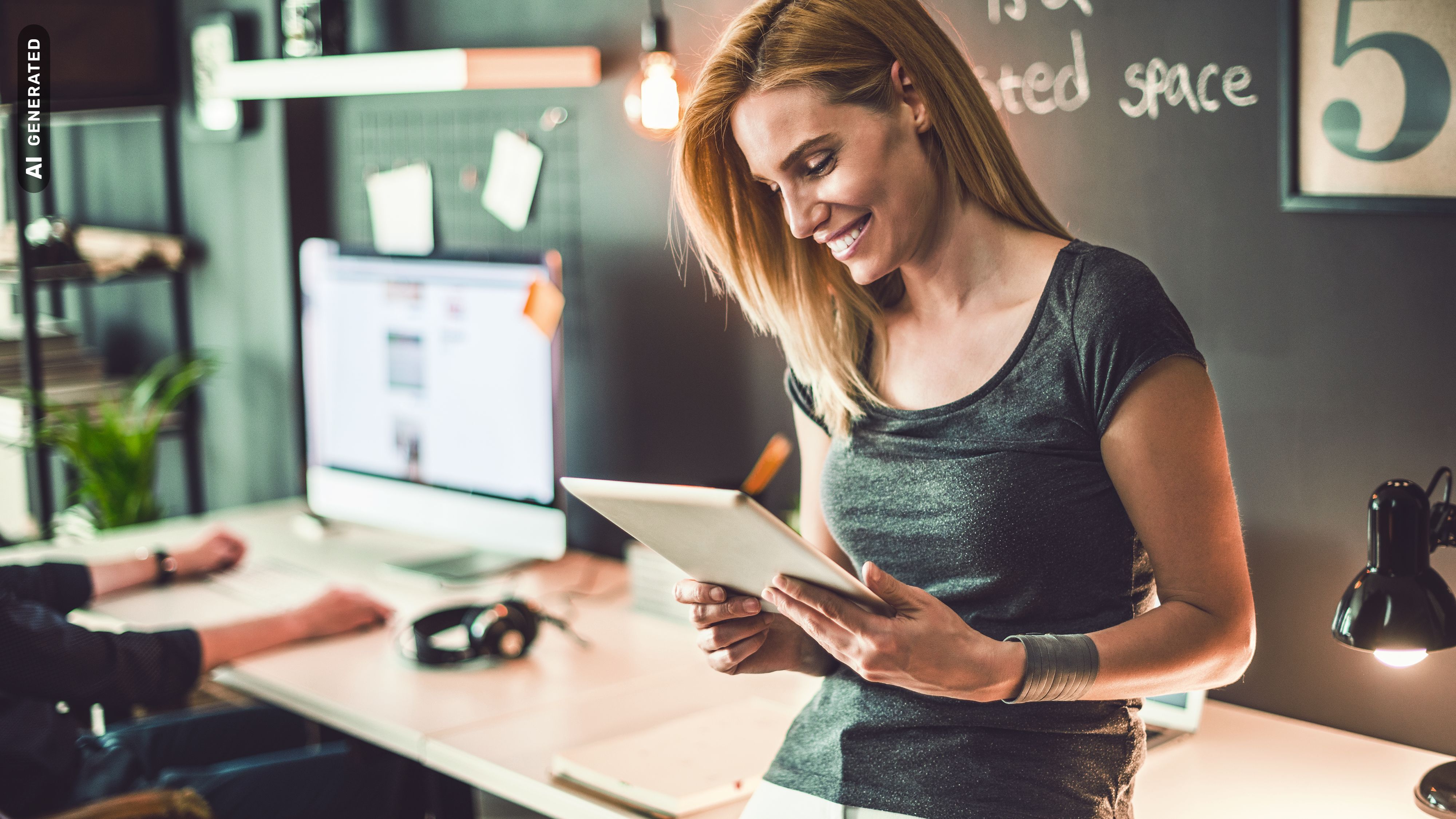 Masterstudiengänge im Bereich Marketing und Kommunikation: Studentin arbeitet in Agentur, AI-generated