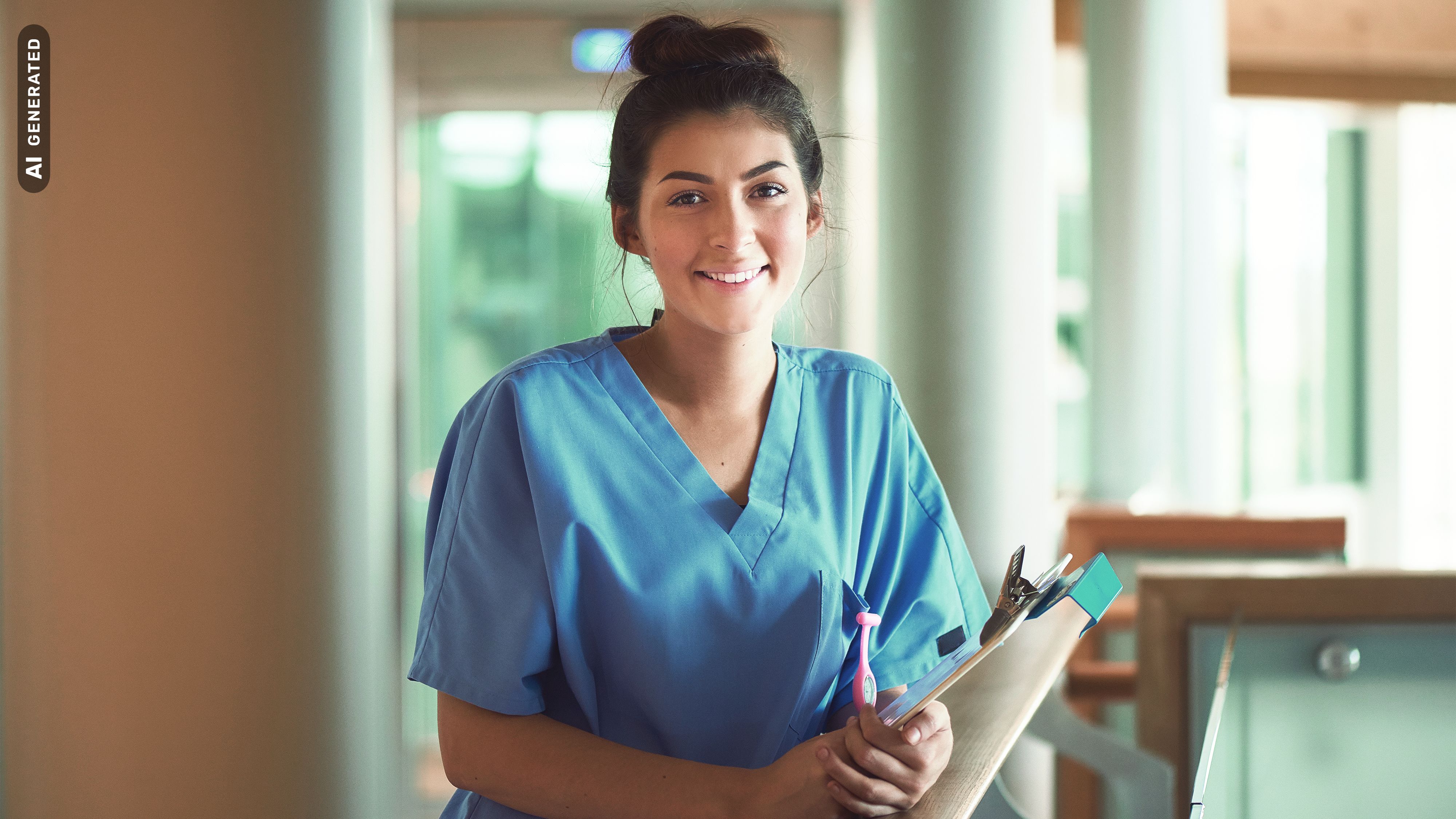 Titelbild für Studiengangseite duales Studium Gesundheitsmanagement: Pflegerin in Einrichtung, AI-generated