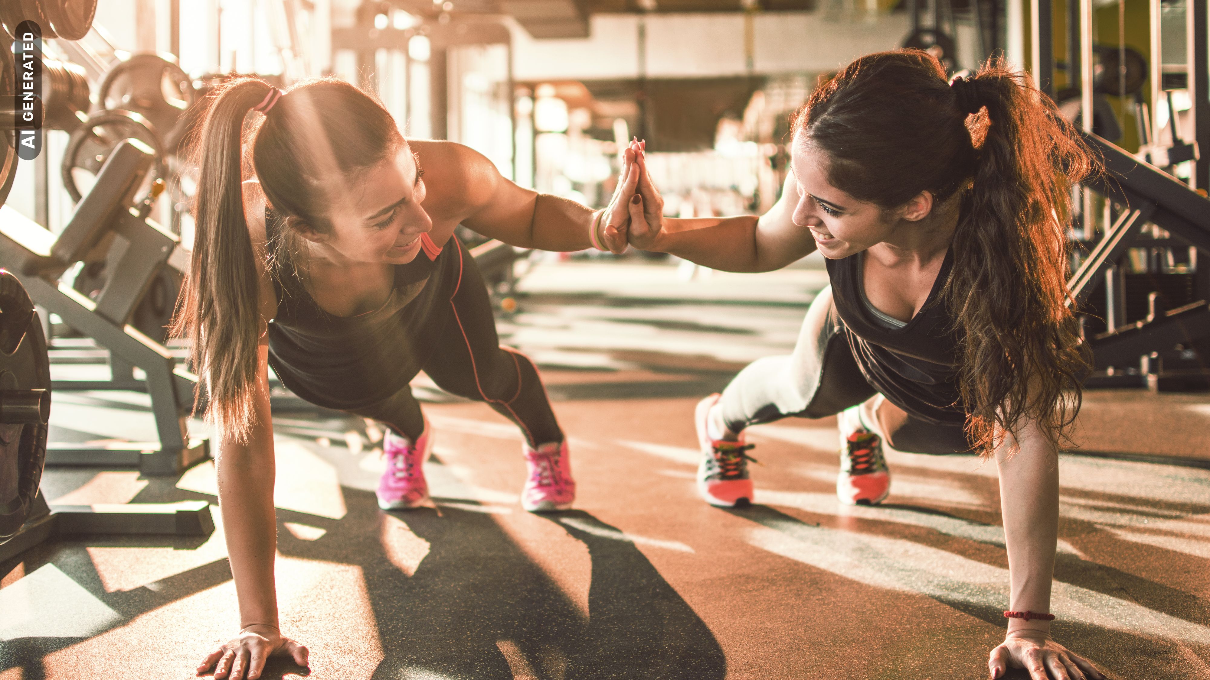 Zwei Frauen während des Sports im Fitnessstudio, AI-generated