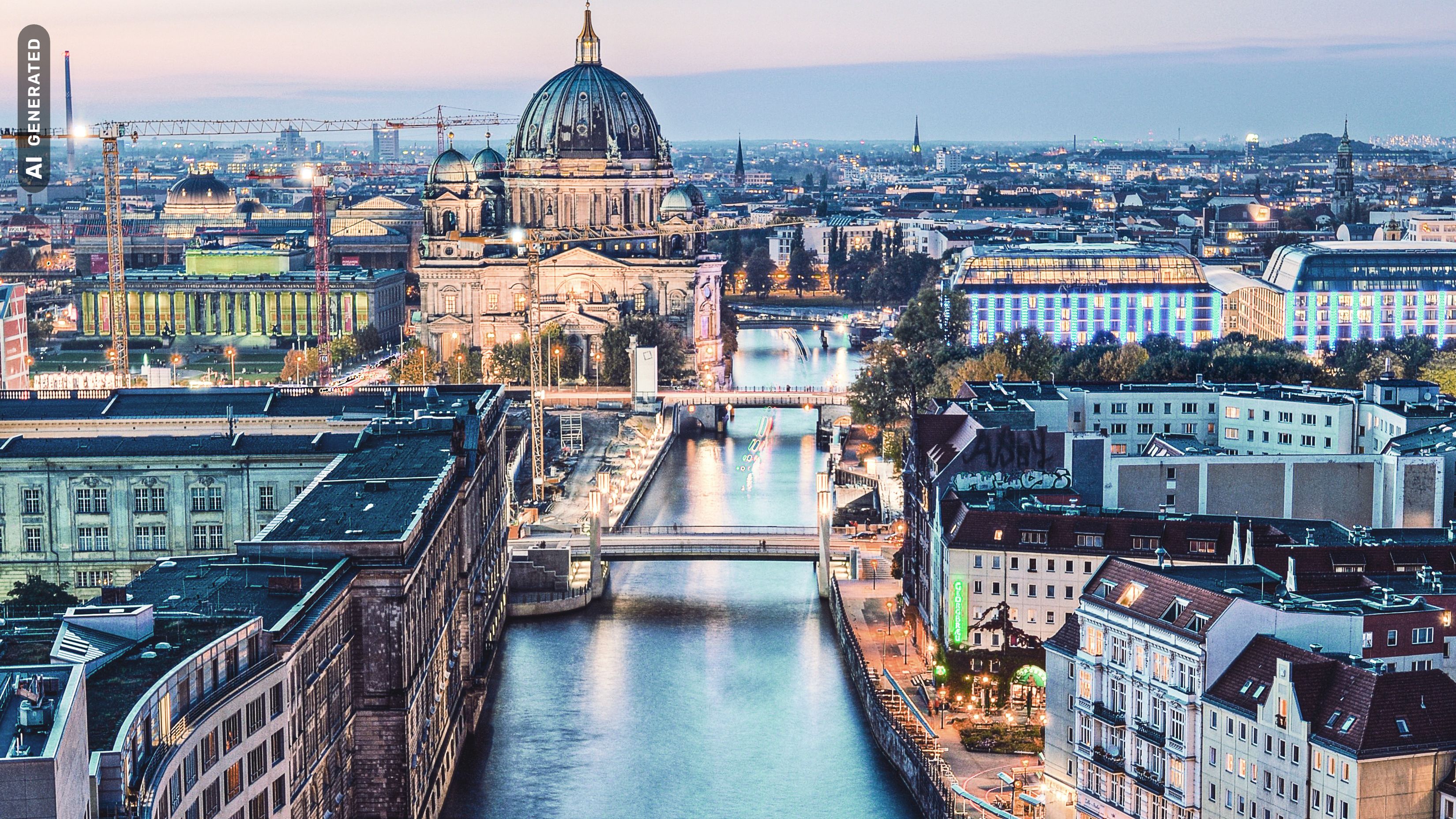 Titelbild für Infoseite "duales Studium soziale Arbeit Berlin": Blick auf Gr0ßstadt mit Fluss, AI-generated