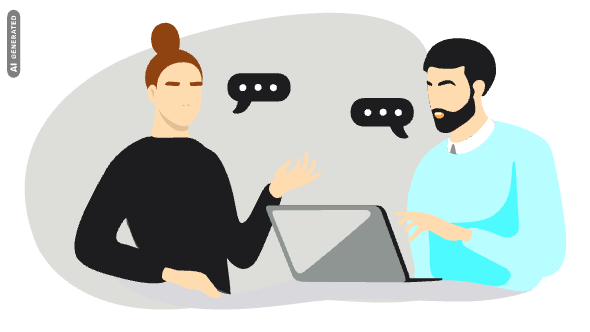 Illustration für Praxispartner finden duales Studium: Zwei Personen unterhalten sich in Bewerbungskontext, AI-generated