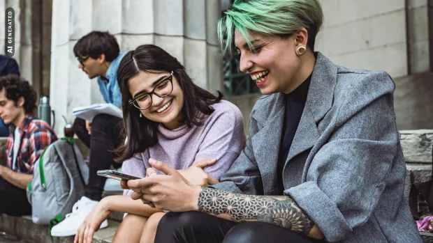 Zwei junge Frauen schauen gemeinsam auf ein Handy, AI-generated