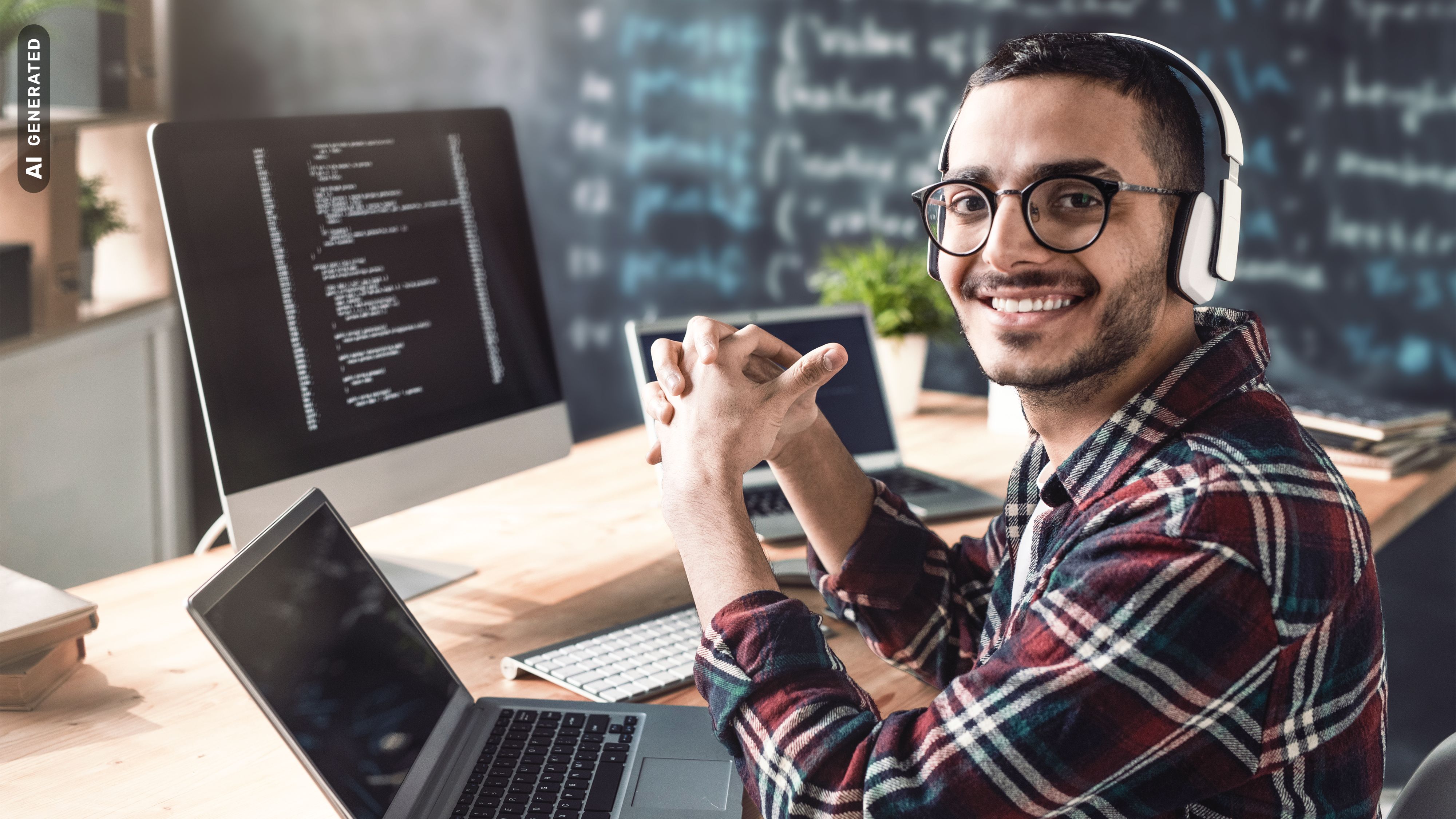 Titelbild für Infoseite “Bachelor Cyber Security”: Student mit Kopfhörer arbeitet am Laptop, AI-generated