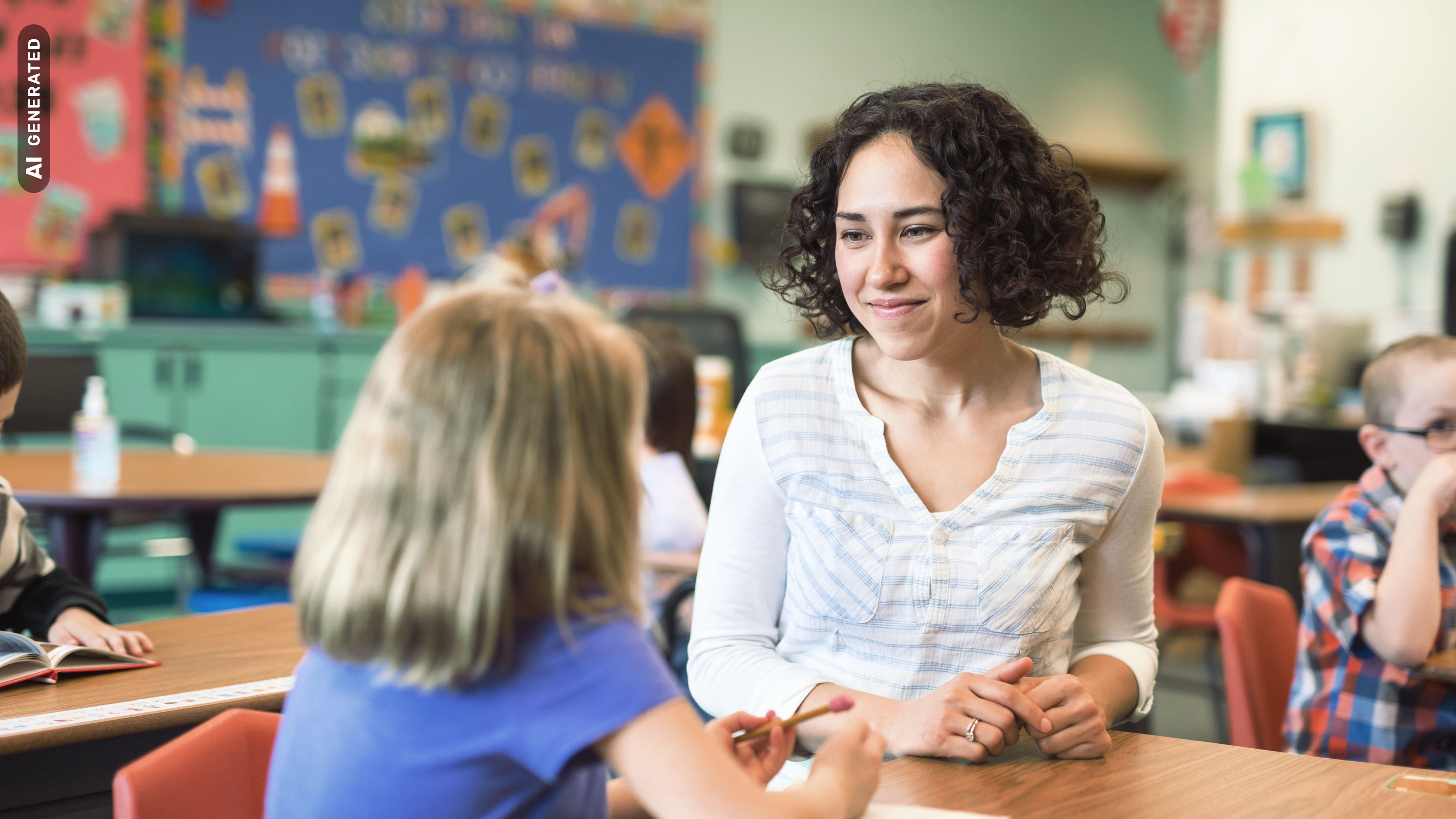 Titelbild für Studiengangseite duales Studium Kindheitspädagogik: Pädagogin mit Kind in Schule, AI-generated