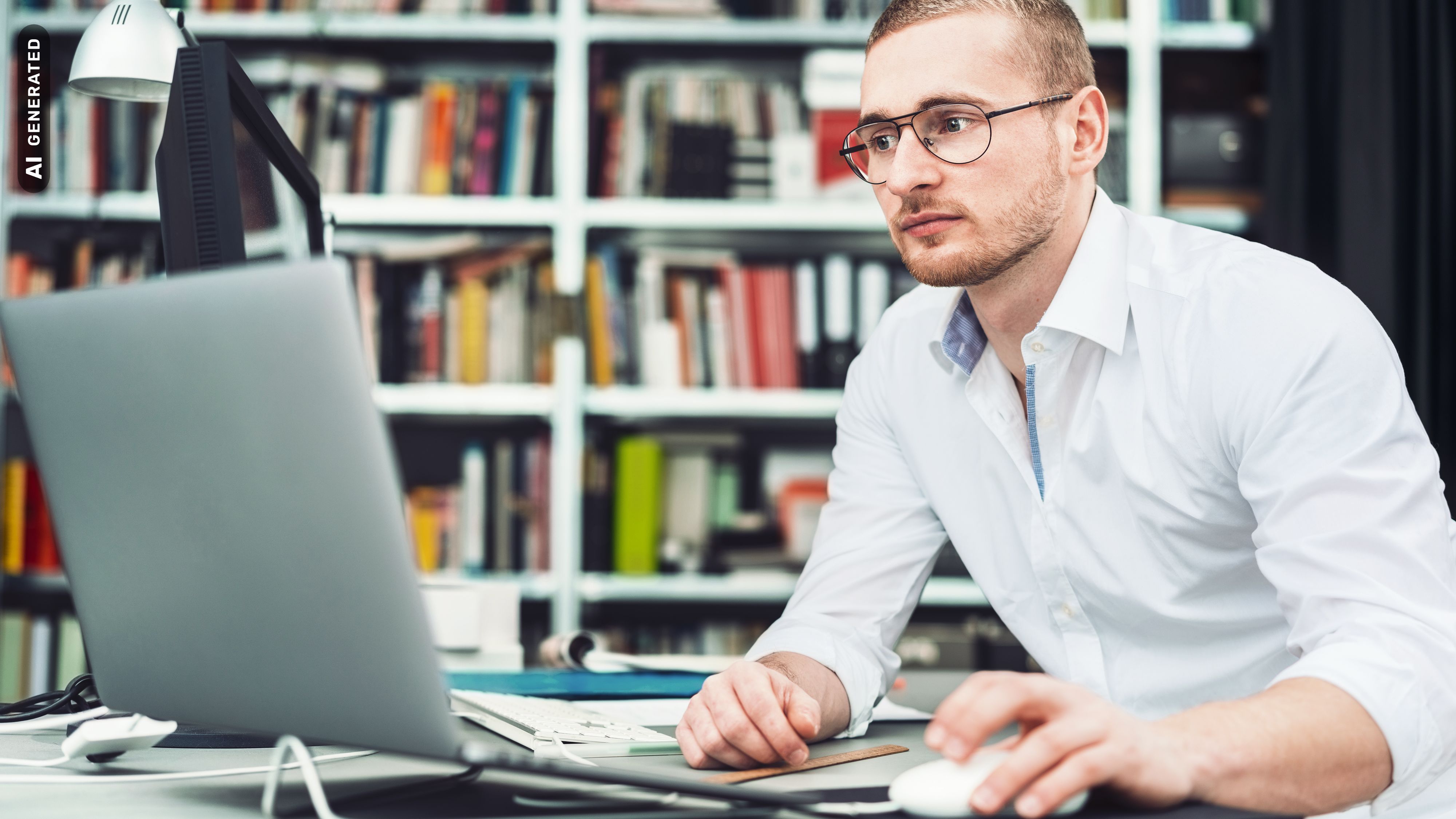 Titelbild für Infoseite "Master Wirtschaftsinformatik": Wirtschaftsinformatiker bei der Arbeit im Homeoffice, AI-generated