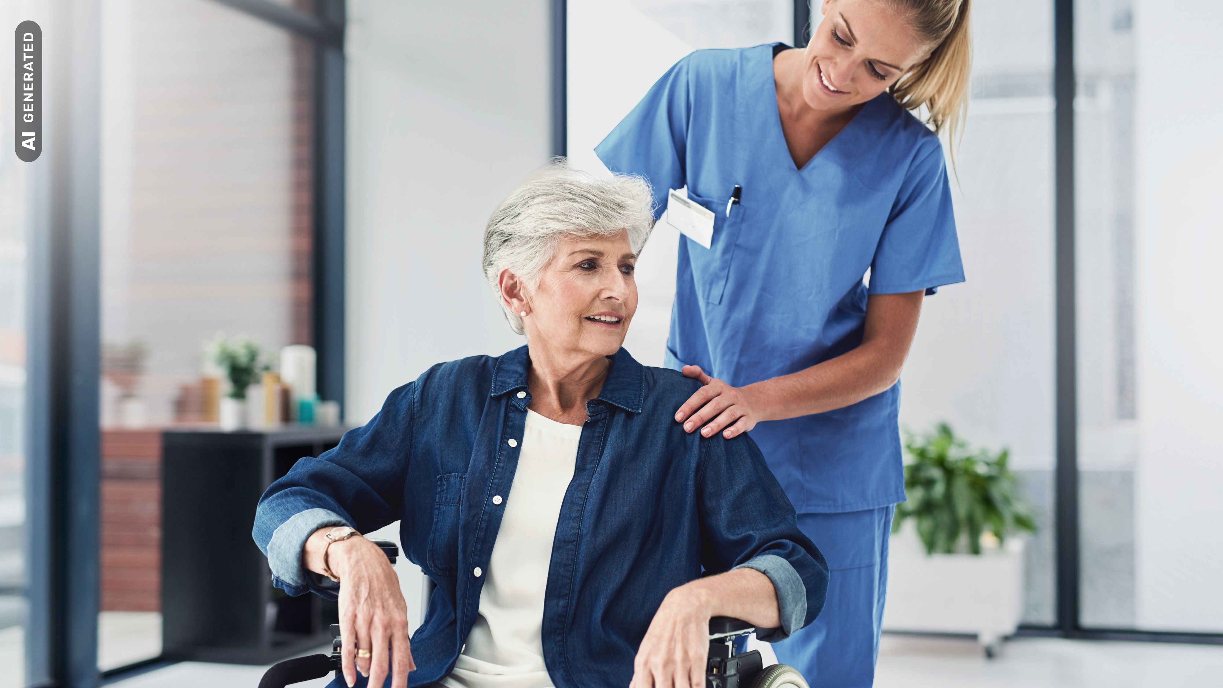 Pflegerin kümmert sich um Patientin im Rollstuhl, AI-generated