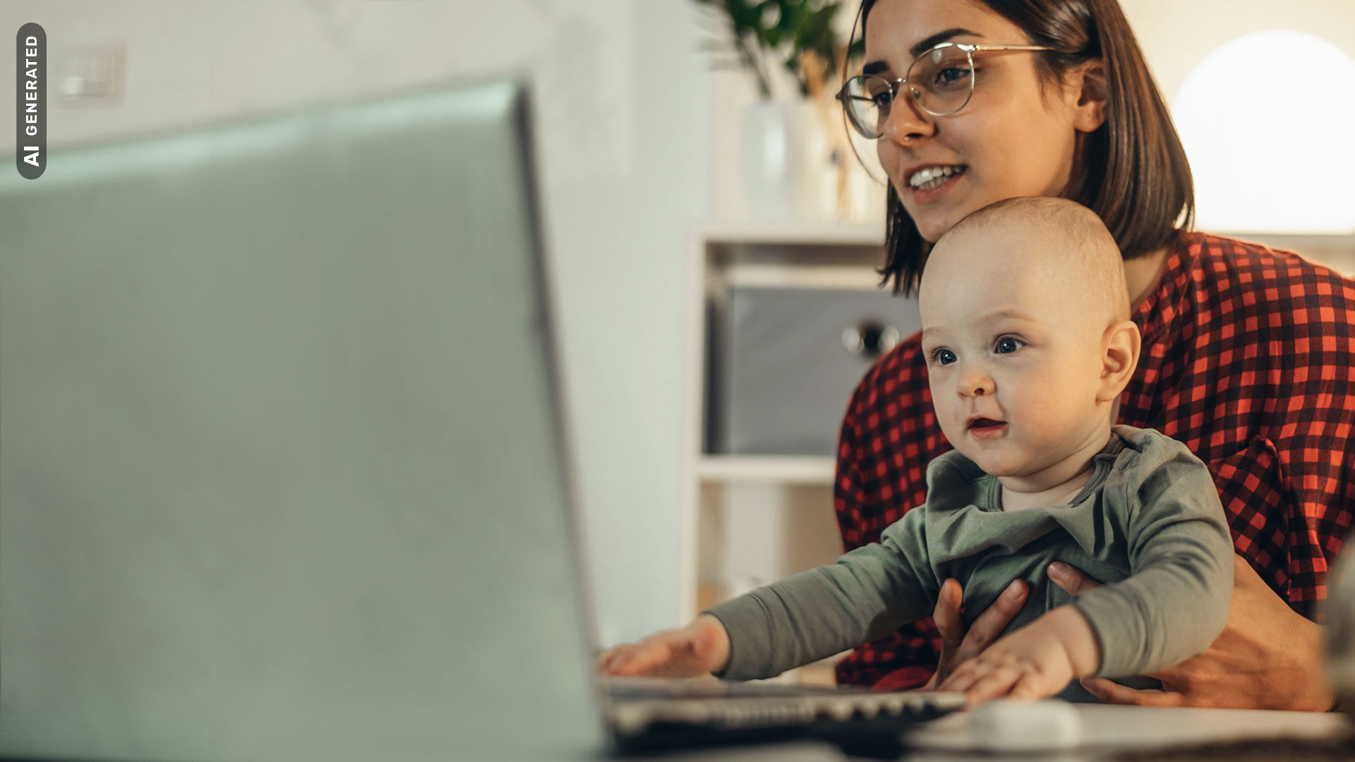 Flexibles Studieren mit Kind - Studentin mit Baby vor dem Laptop, AI-generated
