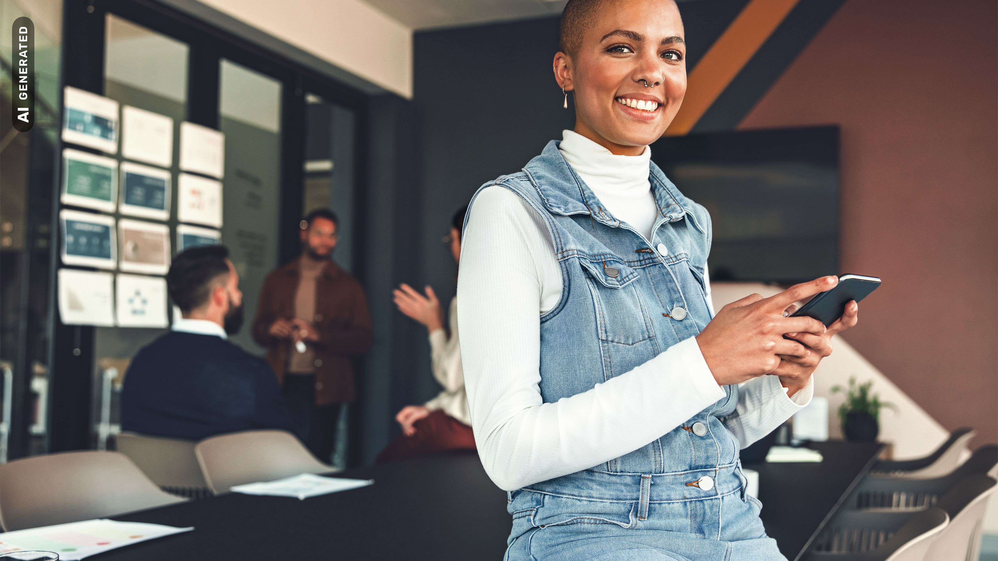 Titelbild für Infoseite “Bachelor BWL und Customer Experience Management”: Frau mit Smartphone im Besprechungsraum, AI-generated