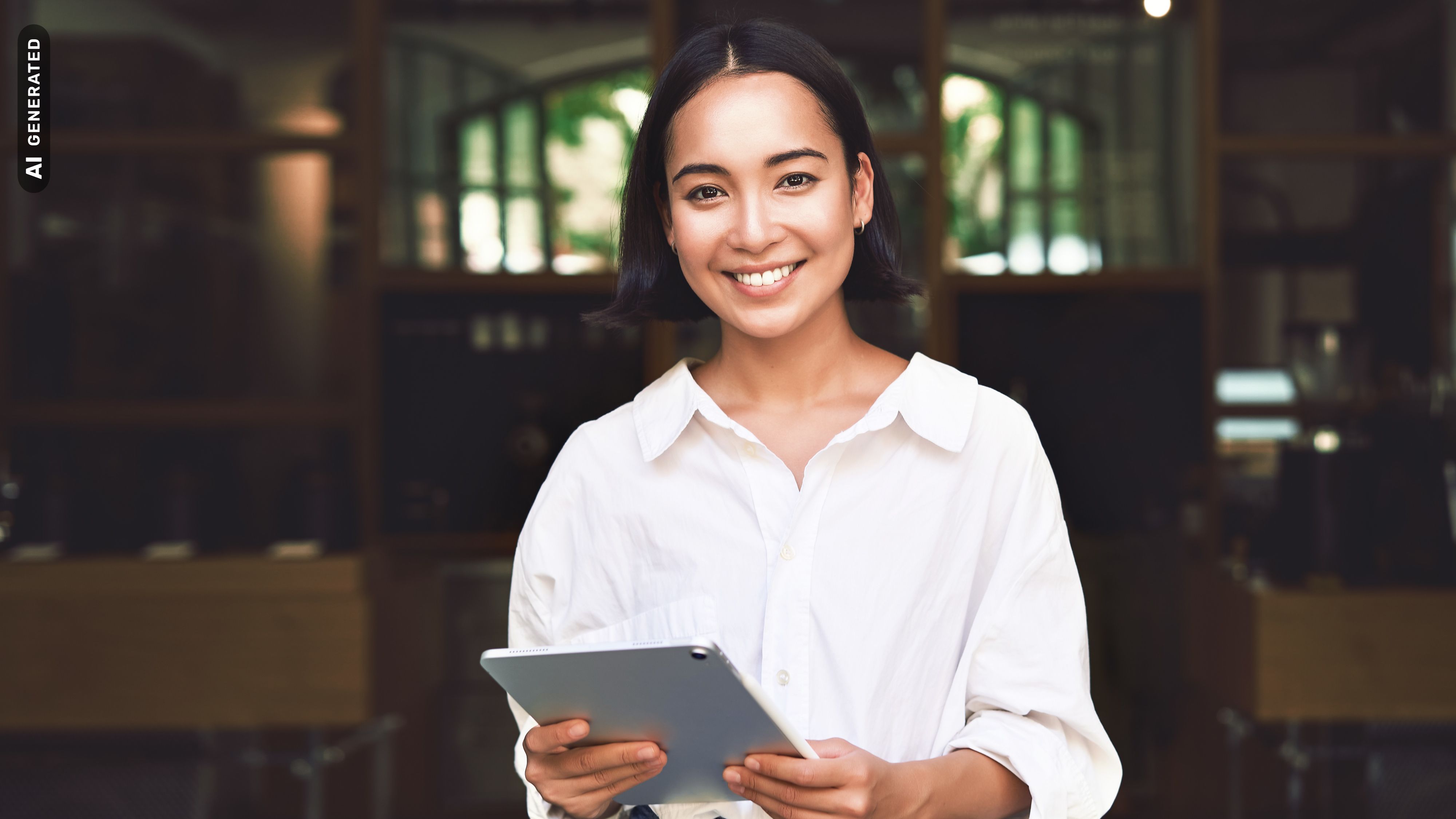 Titelbild für Studiengangseite "duales Studium Tourismusmanagement": Frau mit Tablet in Hotel, AI-generated