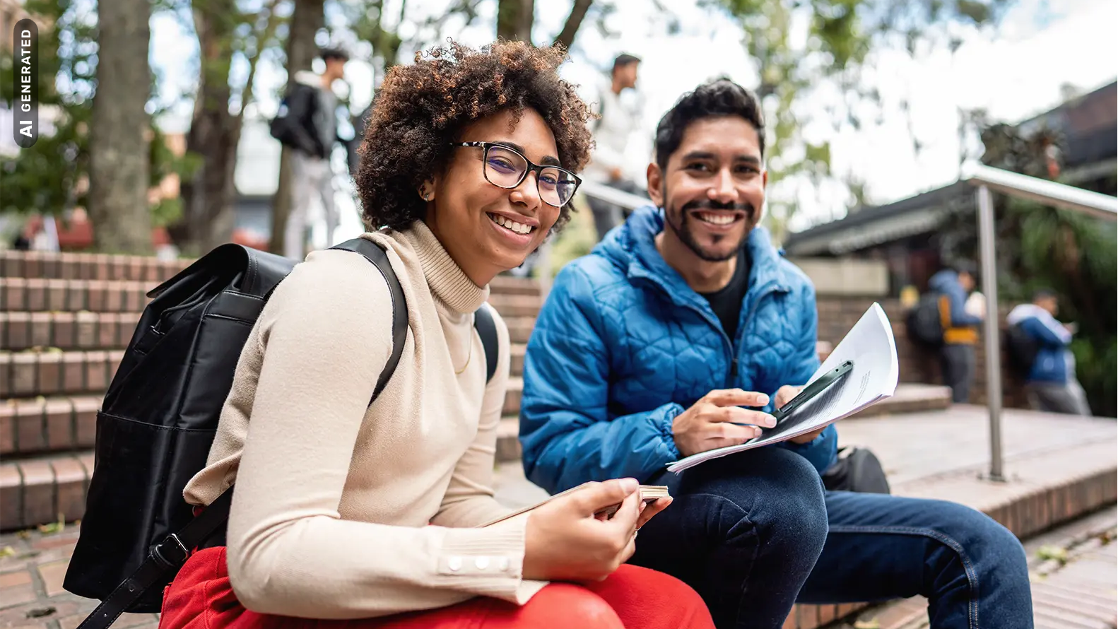 Titelbild zur Infoseite "Studium und Ausbildung": Zwei Studierende sitzen draußen am Campus, AI-generated