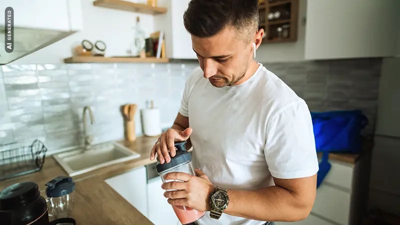 Mediabild der Infoseite "Fernstudium Sport und Ernährung": Studierender steht in der Küche und mischt ein Proteindrink, AI-generated