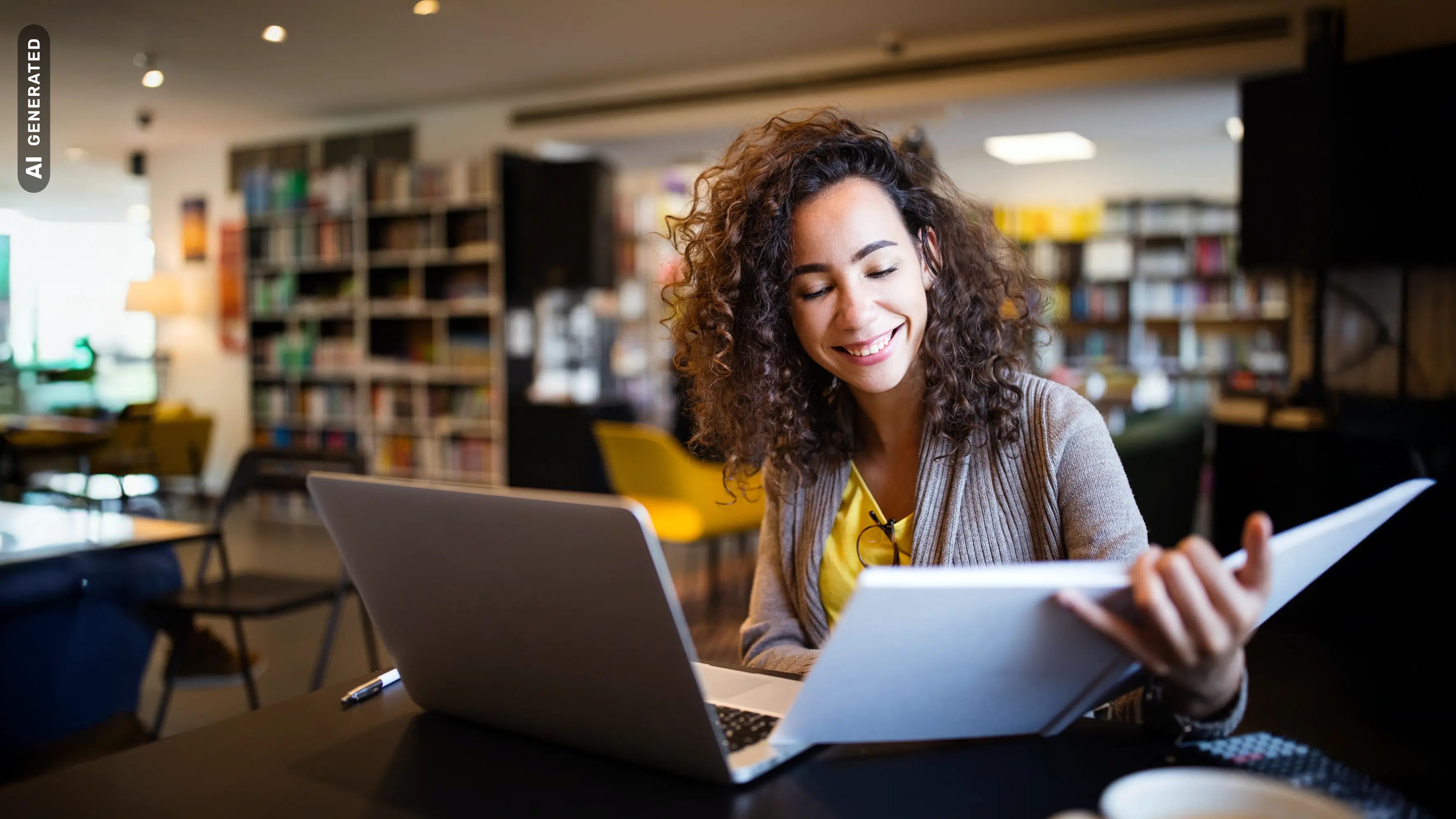 Eine Frau sitzt lächelnd an einem Tisch mit einem Laptop und Dokumenten in einer gemütlichen Bibliothek oder einem Café. Die Umgebung mit Bücherregalen und bequemen Sitzmöglichkeiten schafft eine produktive und einladende Atmosphäre., AI-generated