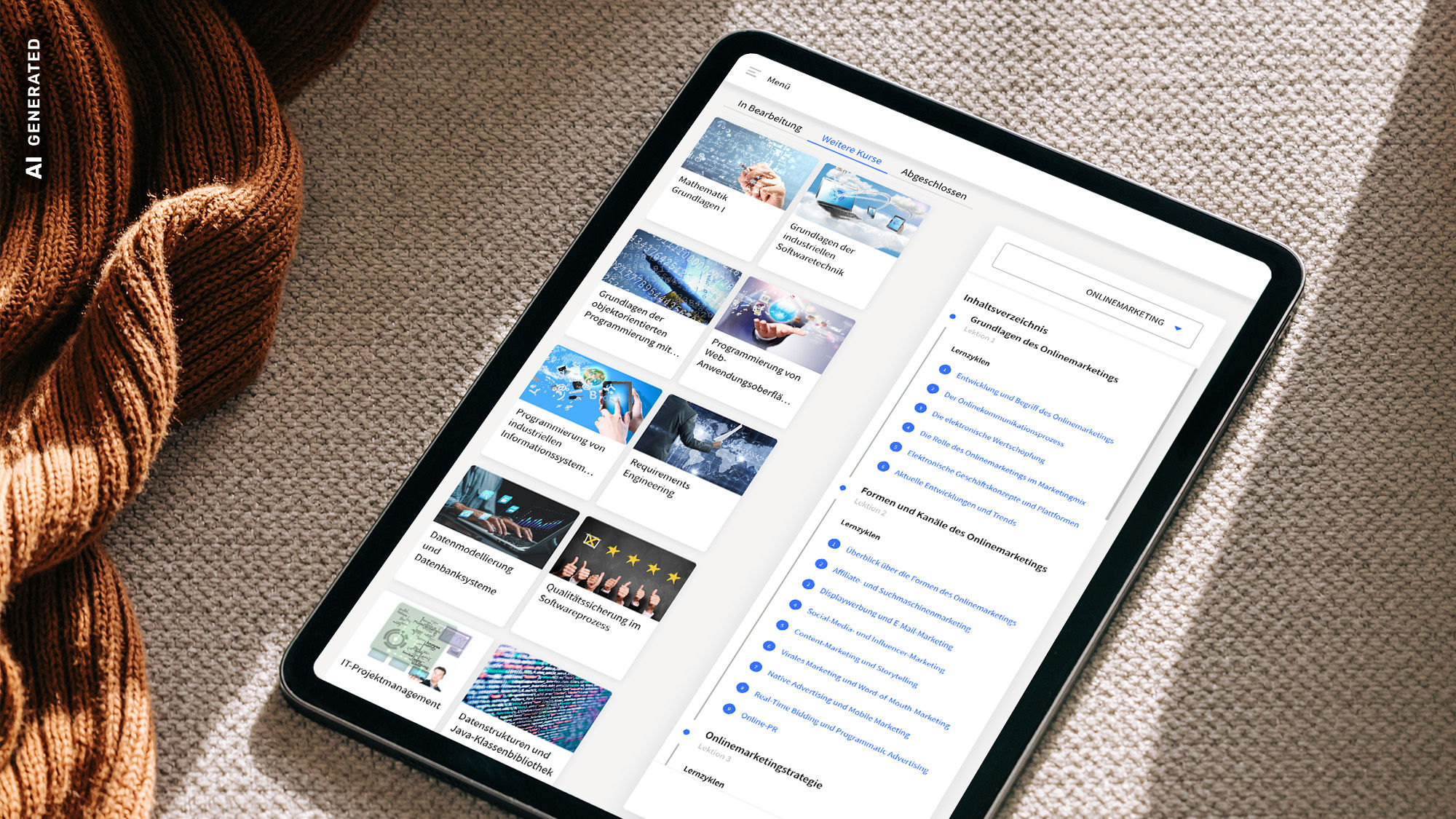 Tablet zeigt die IU-Lernplattform myCampus mit einer Kursübersicht und geöffnetem Onlinemarketing-Kurs., AI-generated