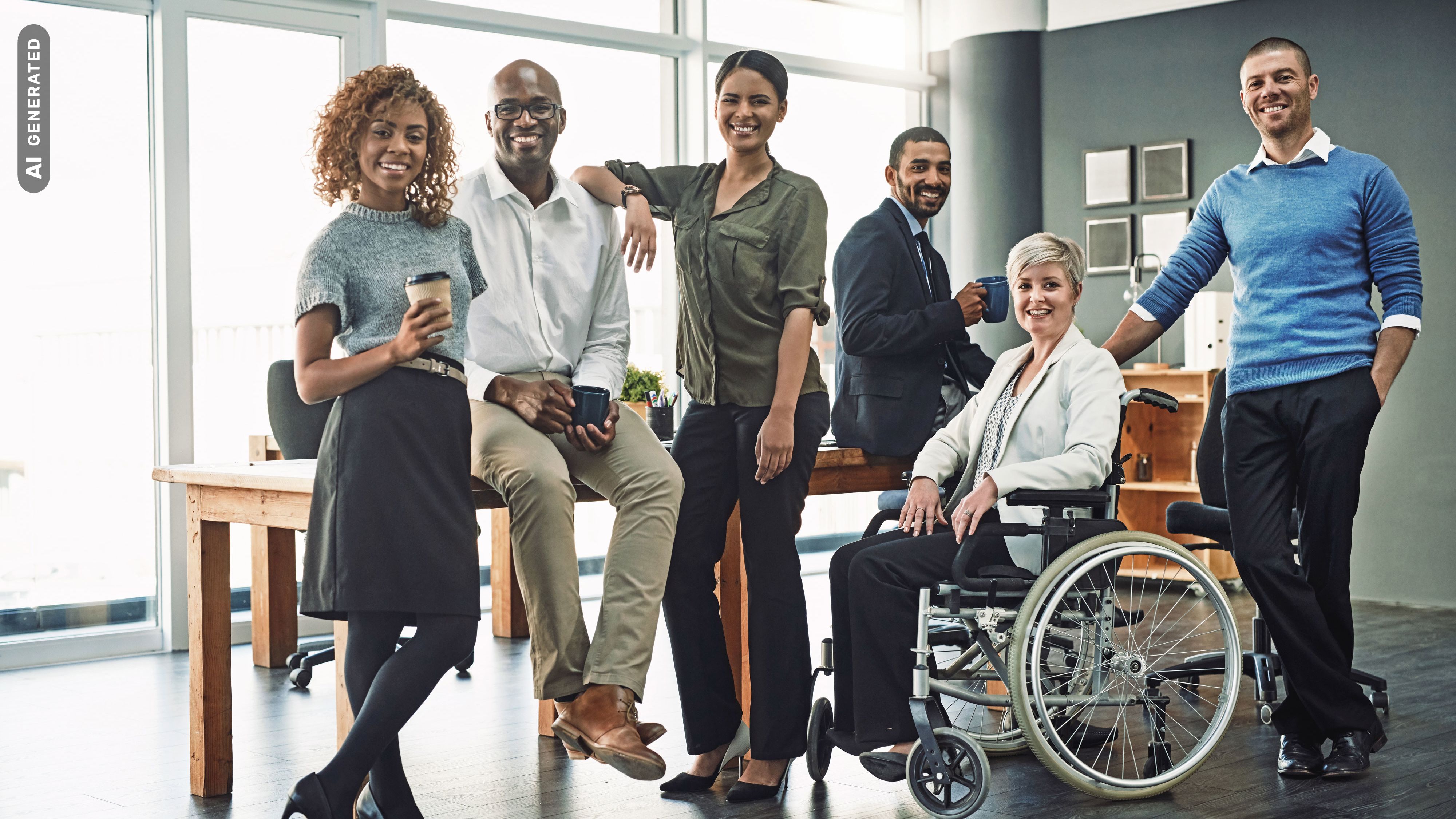 Titelbild für Infoseite “Diversity und Gleichstellung”: Gruppe mit Kolleginnen und Kollegen im Büro, AI-generated