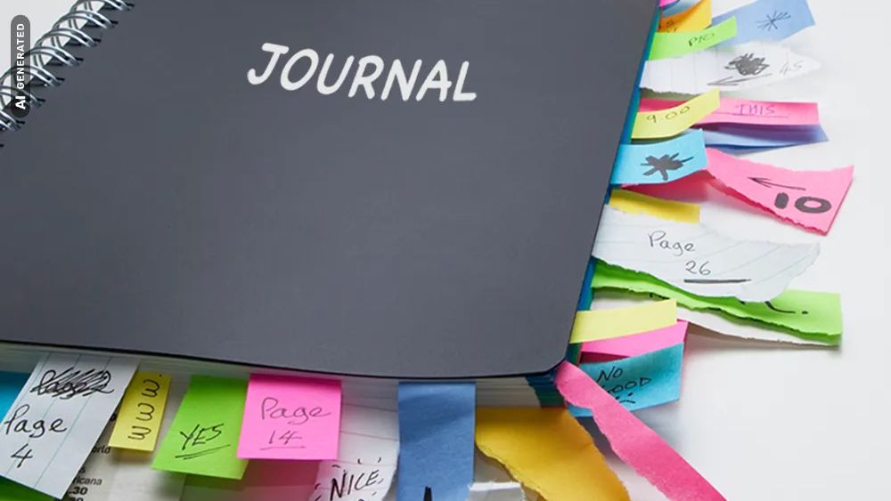 Notizbuch mit Post-it an der Seite, AI-generated